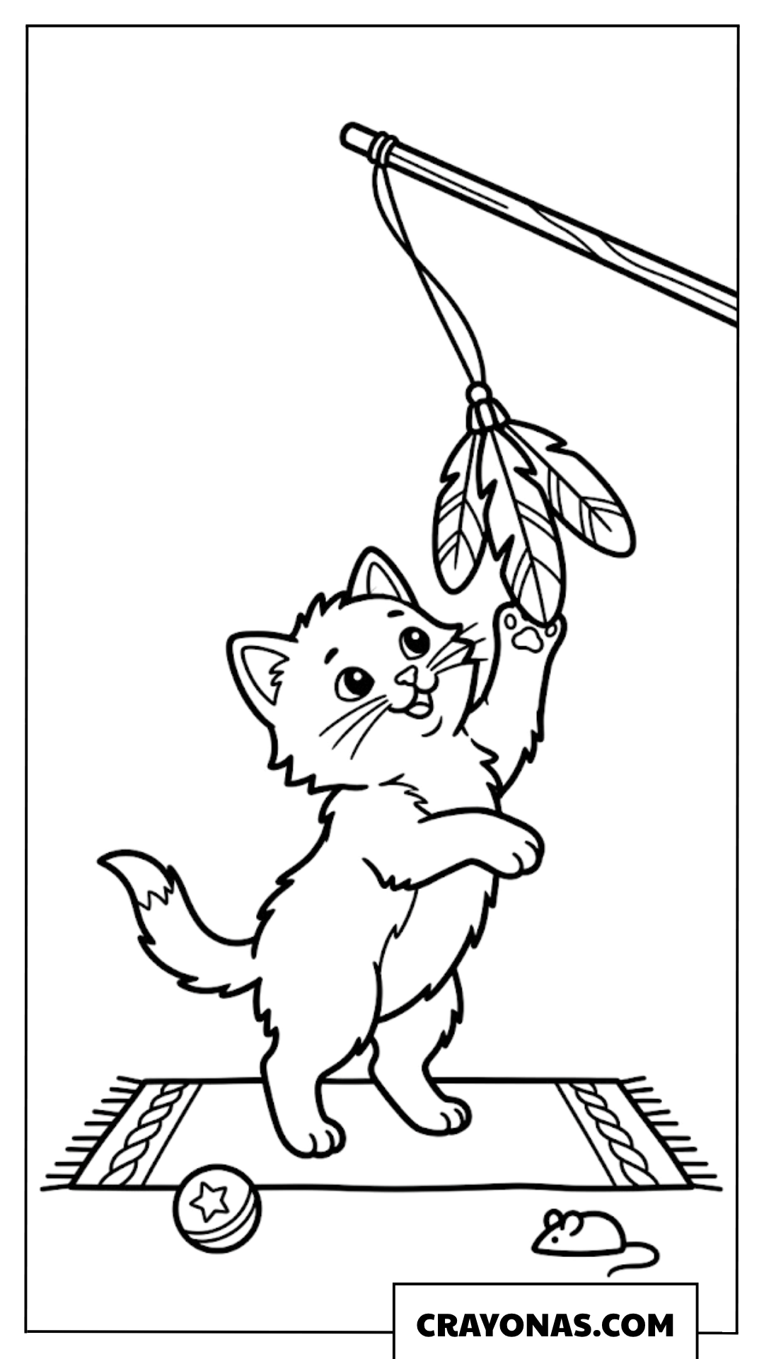 Easy Kitten with Feather Toy Coloring Page