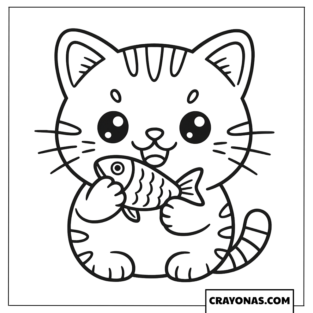 Easy Kitten with Fish Coloring Page