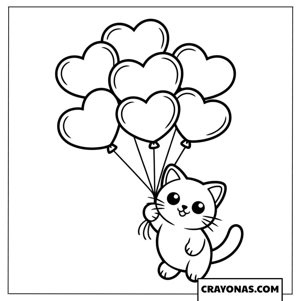 Easy Kitten with Heart Balloons Coloring Page