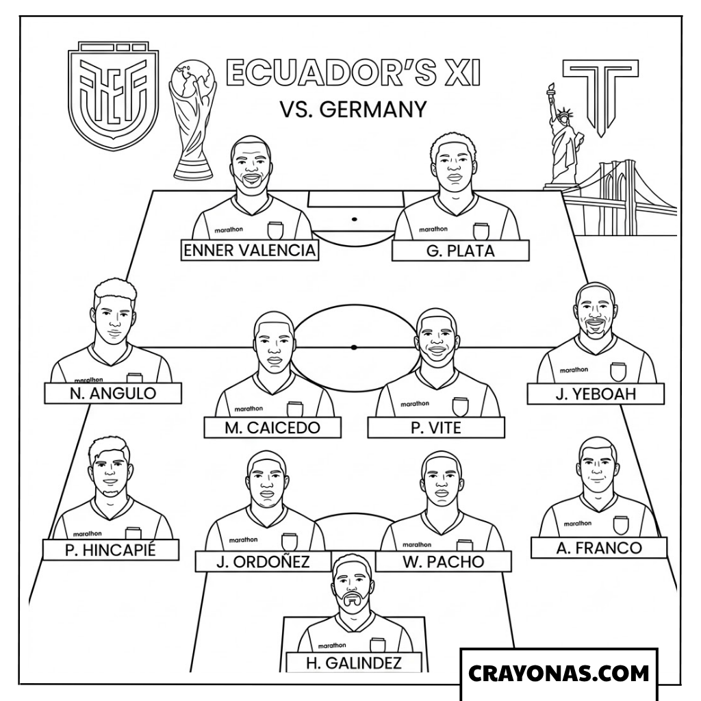 Ecuador Starting XI vs Germany World Cup 2026 Coloring Page