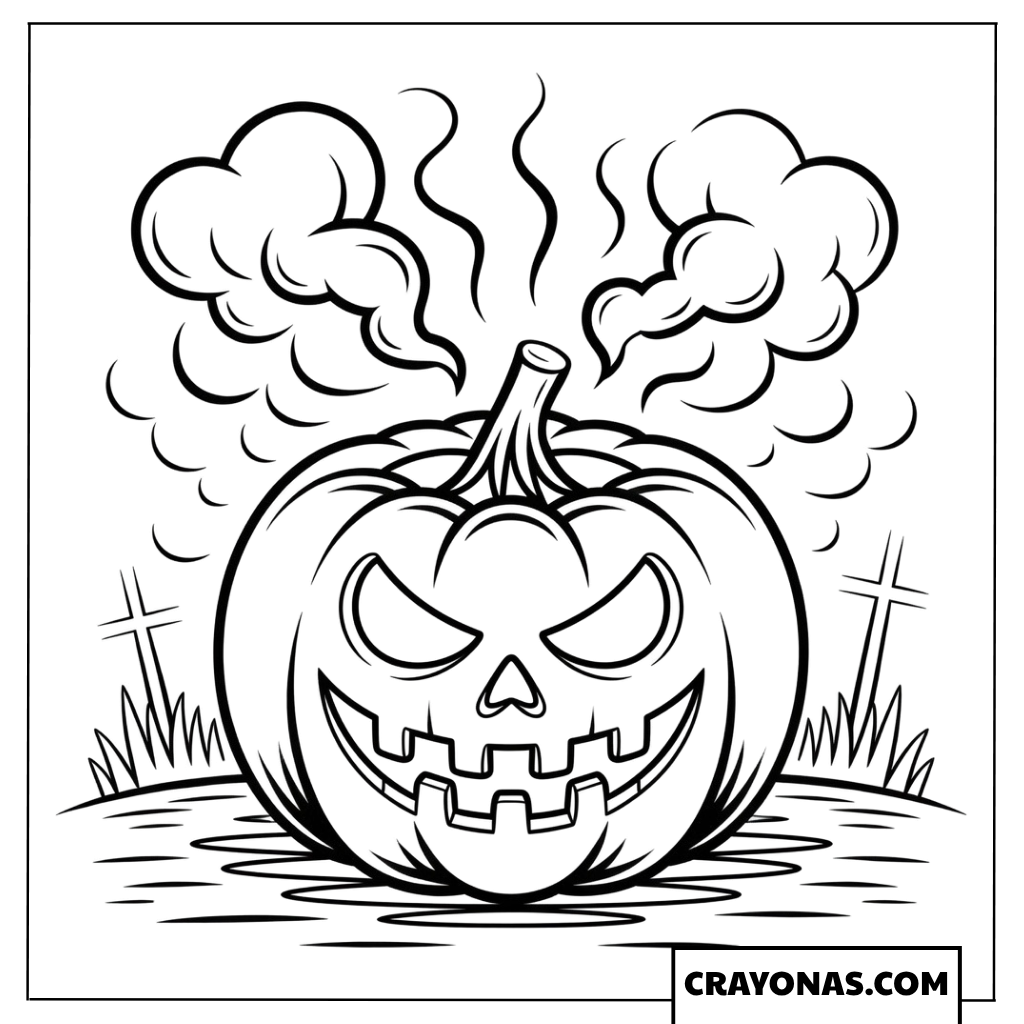 Eerie Smoking Pumpkin in Graveyard Coloring Page
