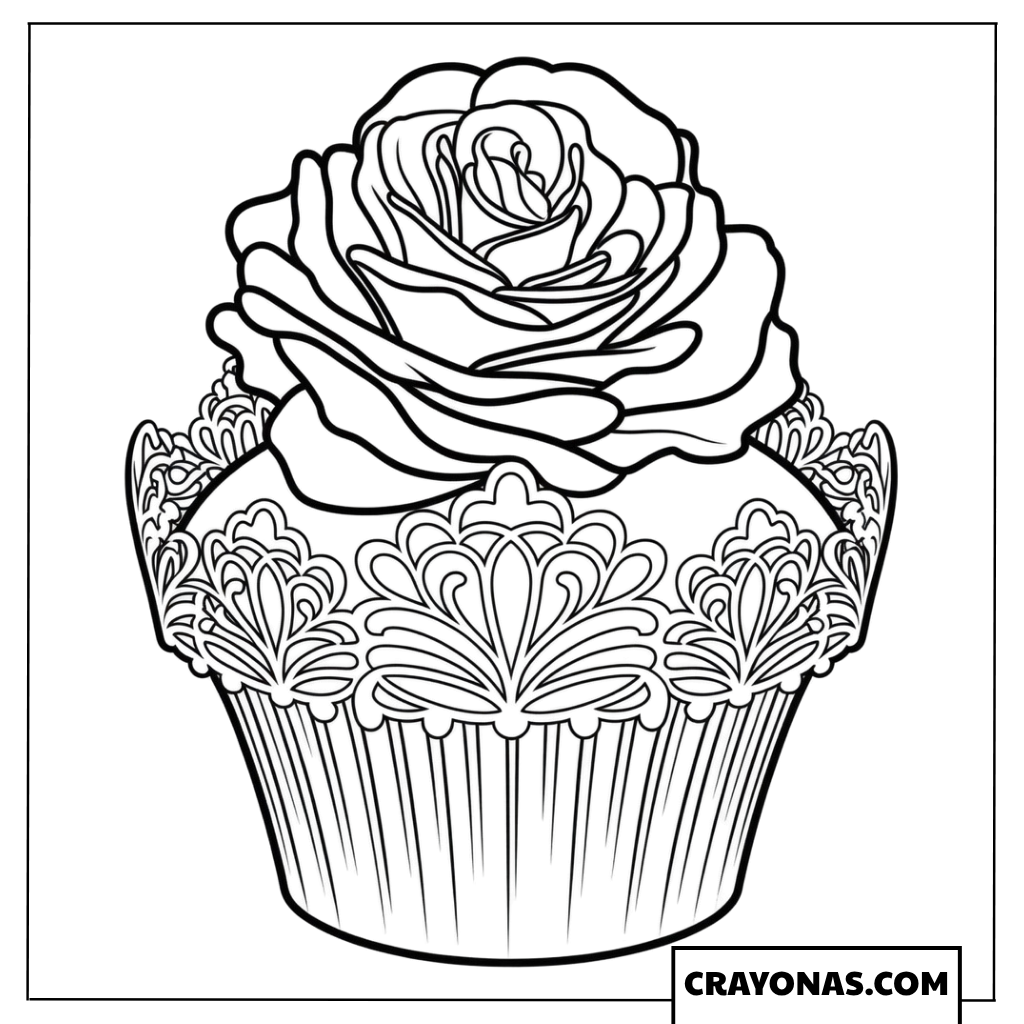 Elegant Rose Cupcake Coloring Page