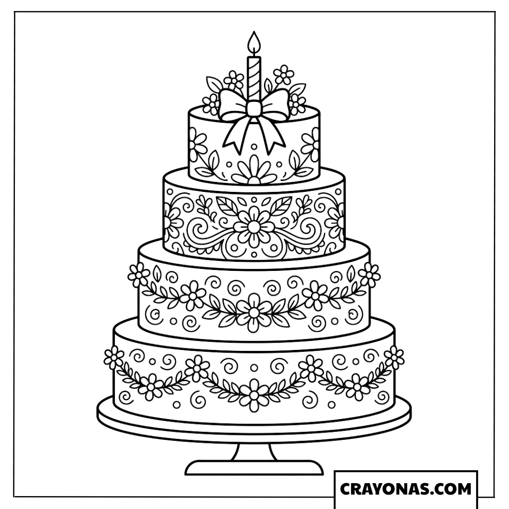 Elegant Three-Tiered Birthday Cake Coloring Page