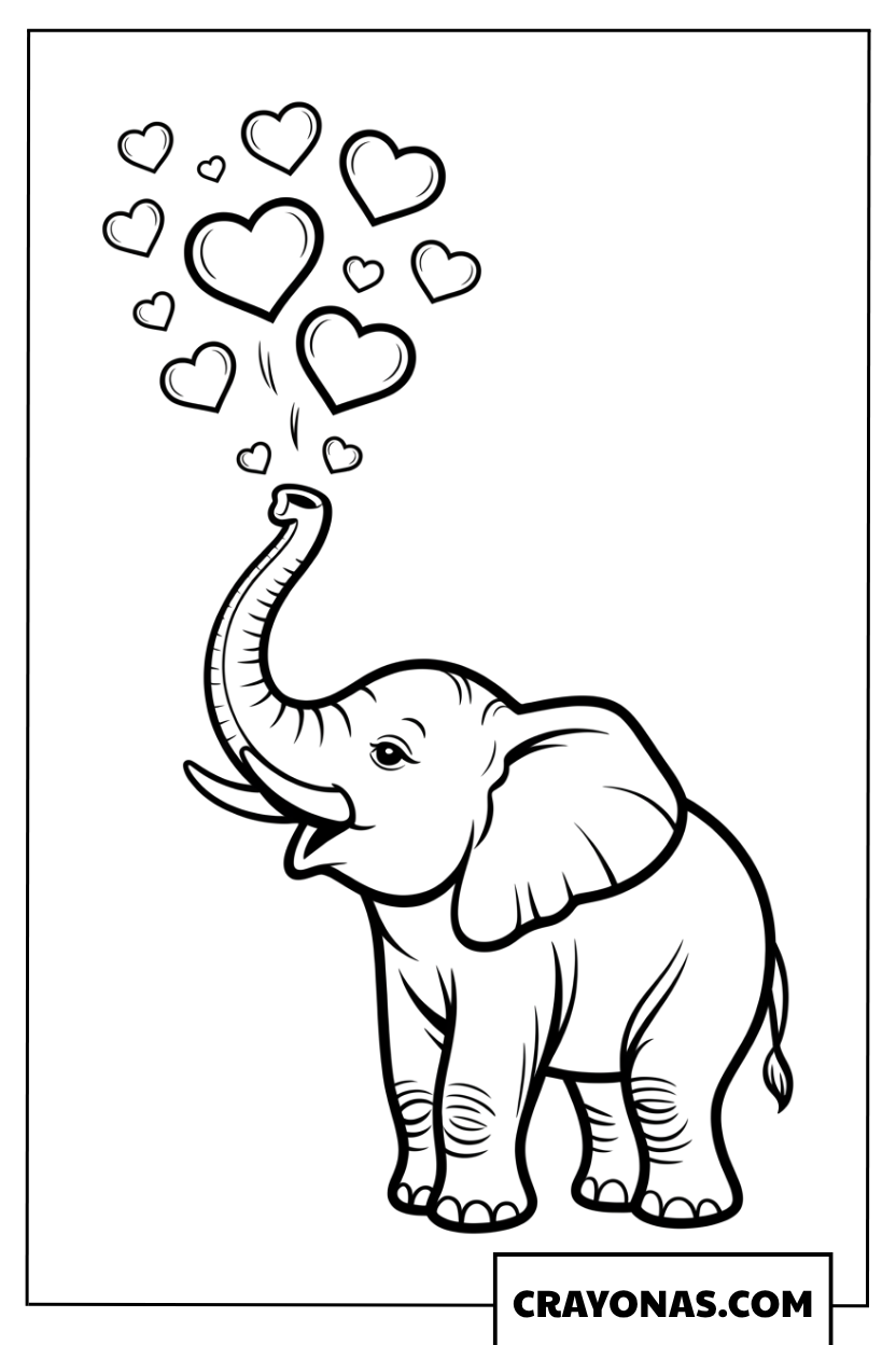 Elephant Valentine Hearts Coloring Page