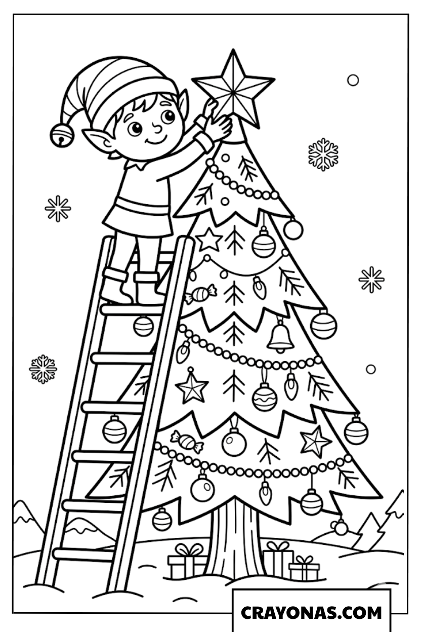 Elf Decorating Christmas Tree Coloring Page