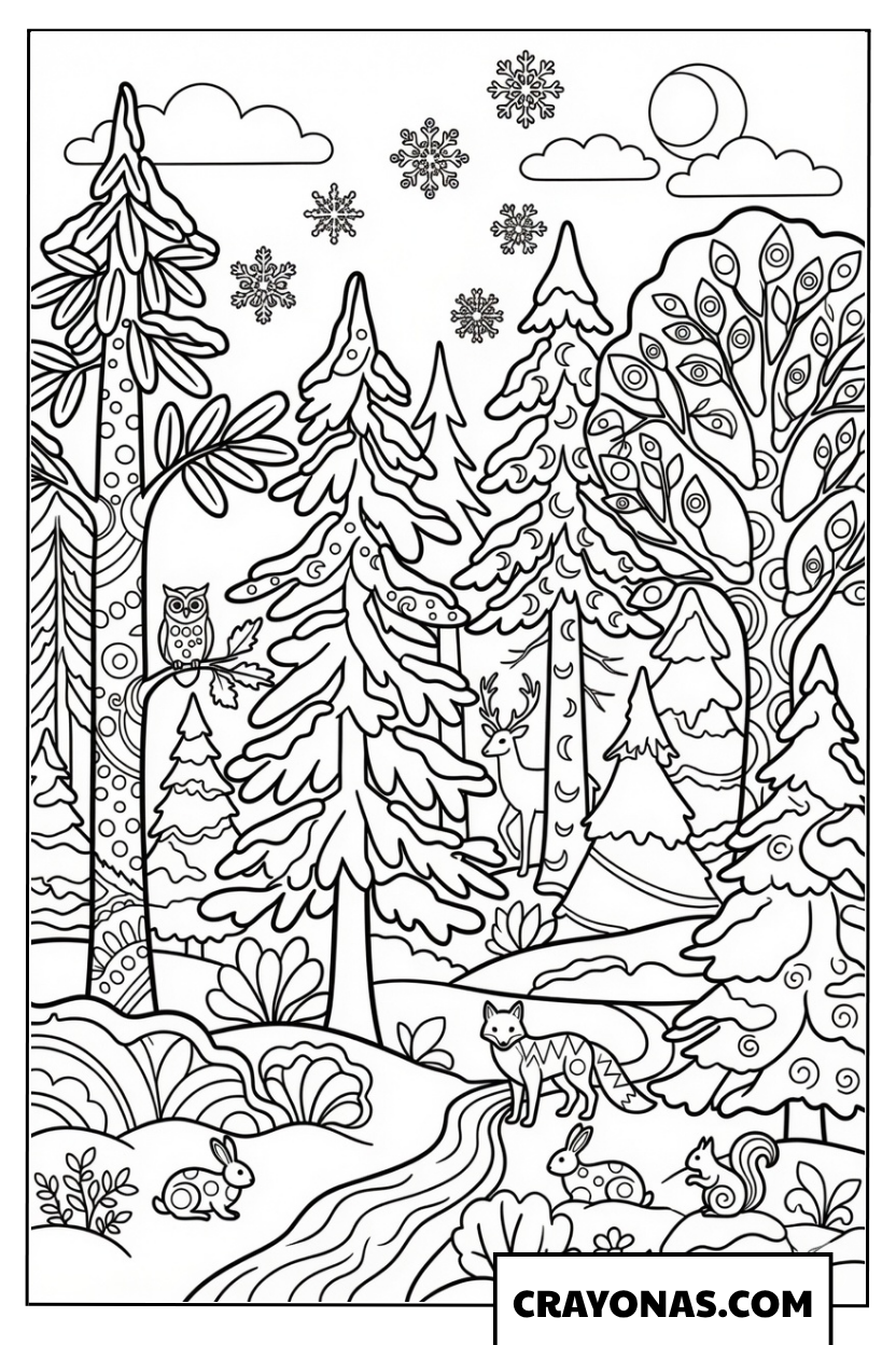 Enchanted Winter Forest at Night Coloring Page