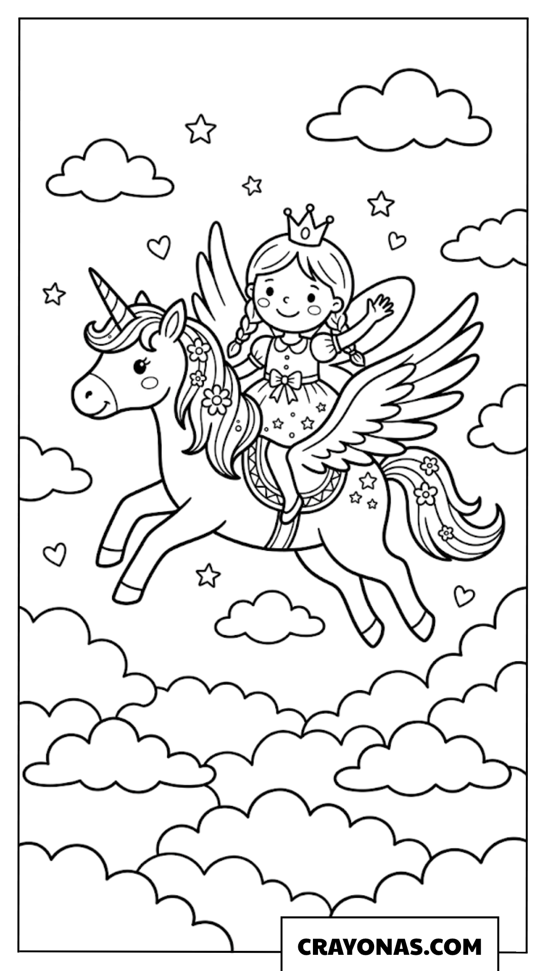 Fairy Princess on Flying Unicorn Coloring Page