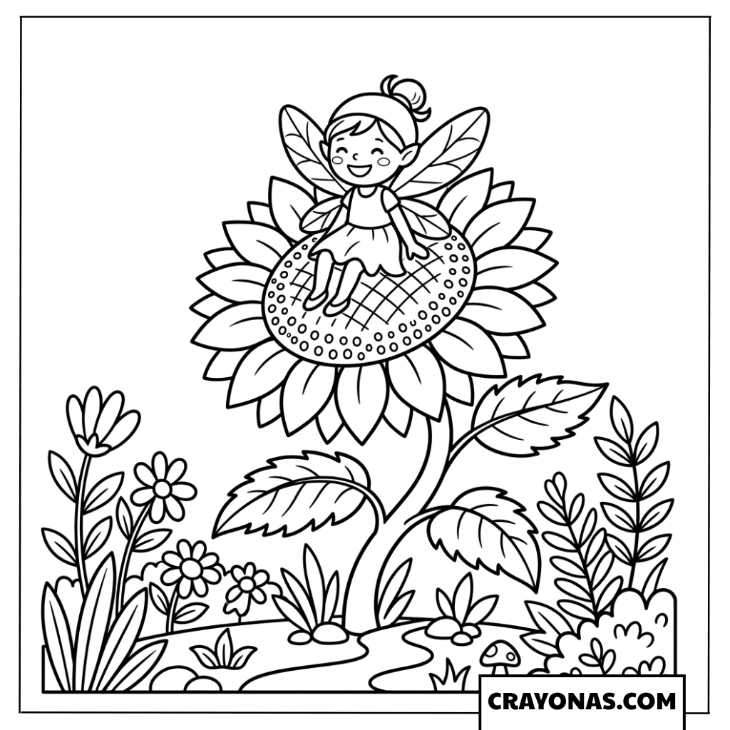 Fairy Sitting on Sunflower Coloring Page