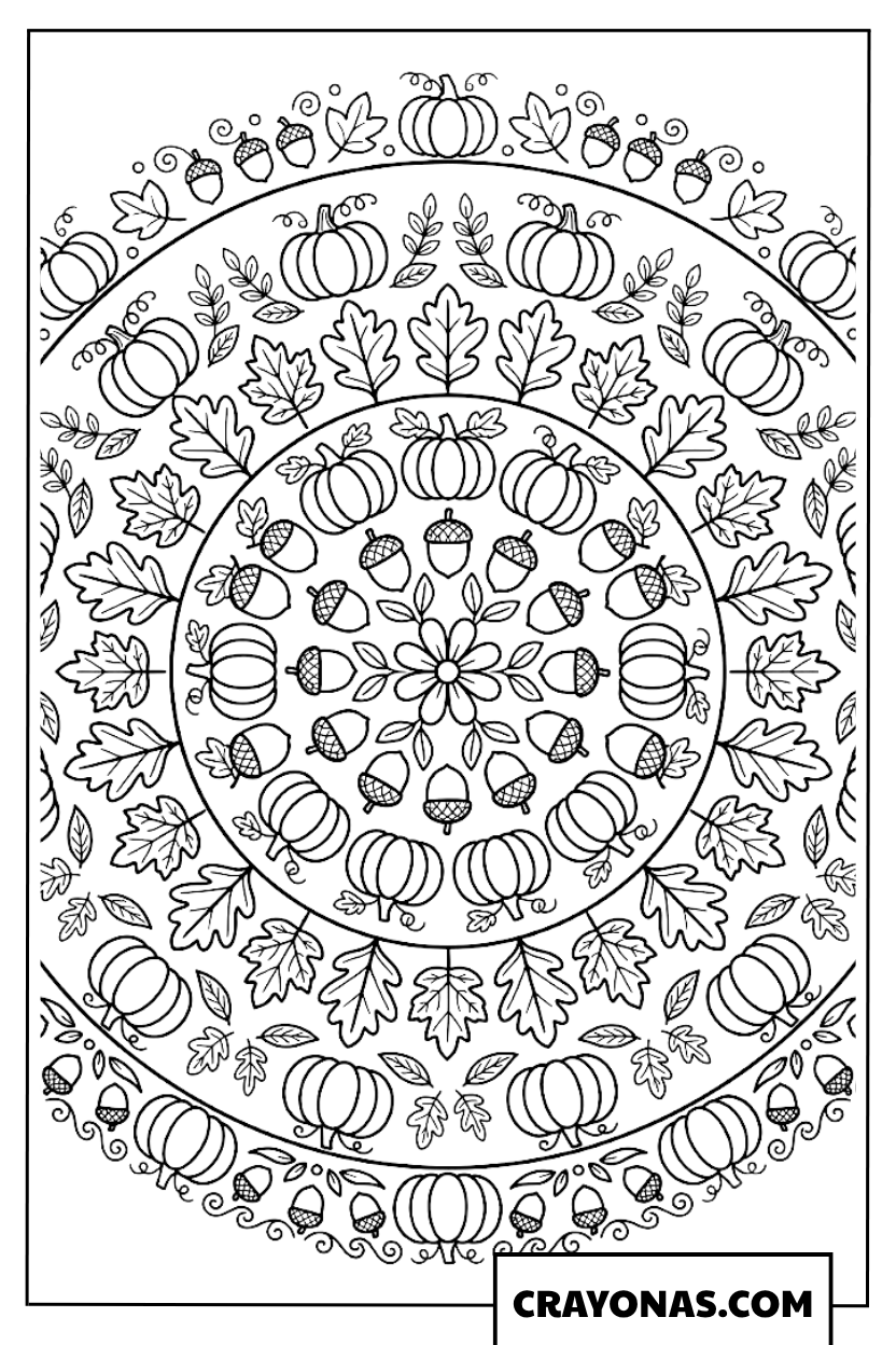 Fall Mandala with Pumpkins and Leaves Coloring Page