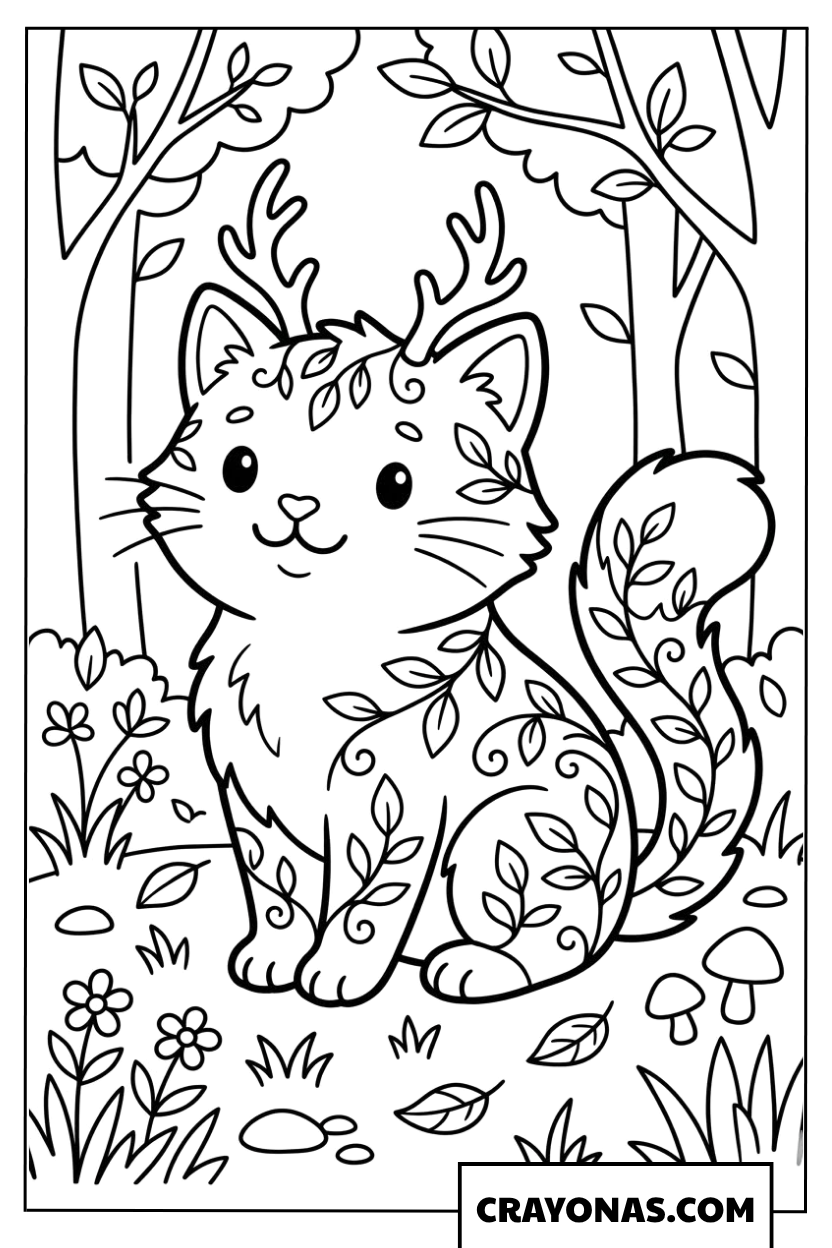 Fantasy Forest Caticorn Coloring Page