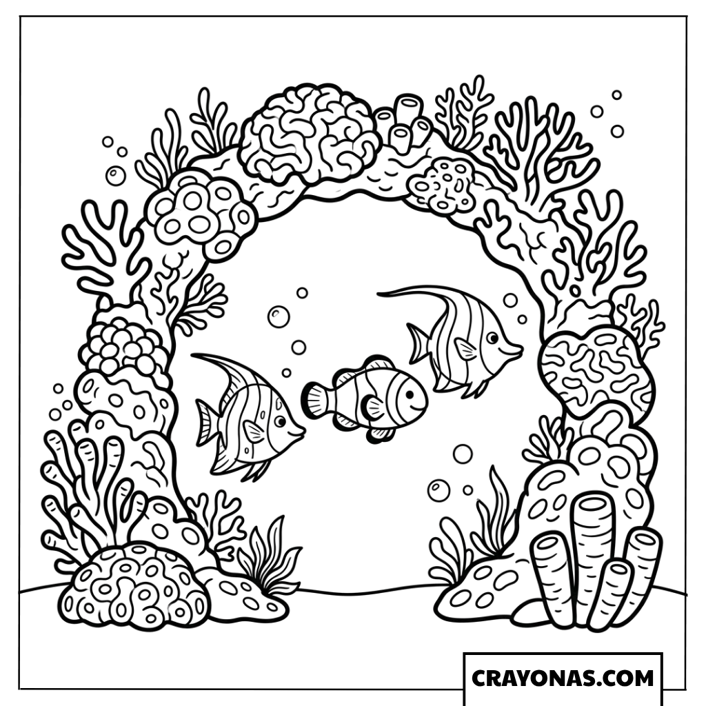 Fish Swimming Through Coral Arch Coloring Page