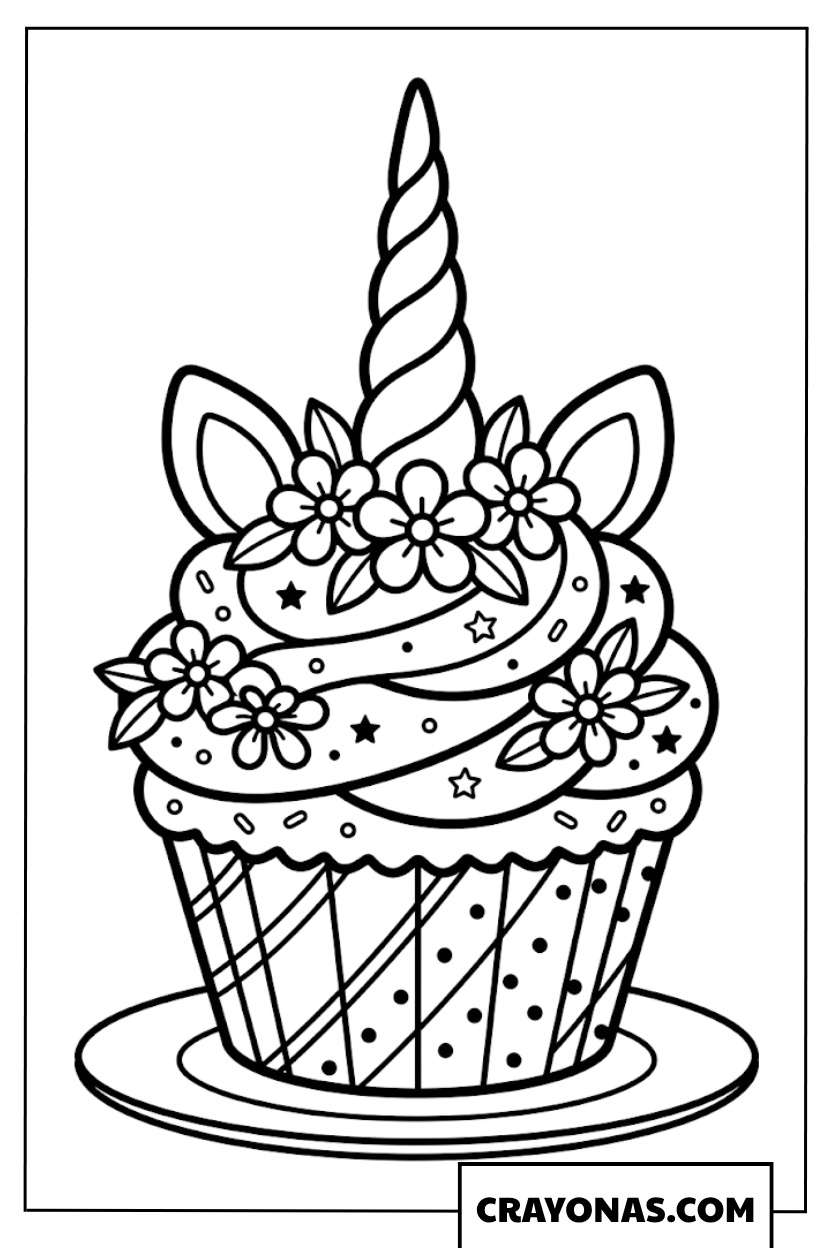 Floral Unicorn Cupcake Coloring Page