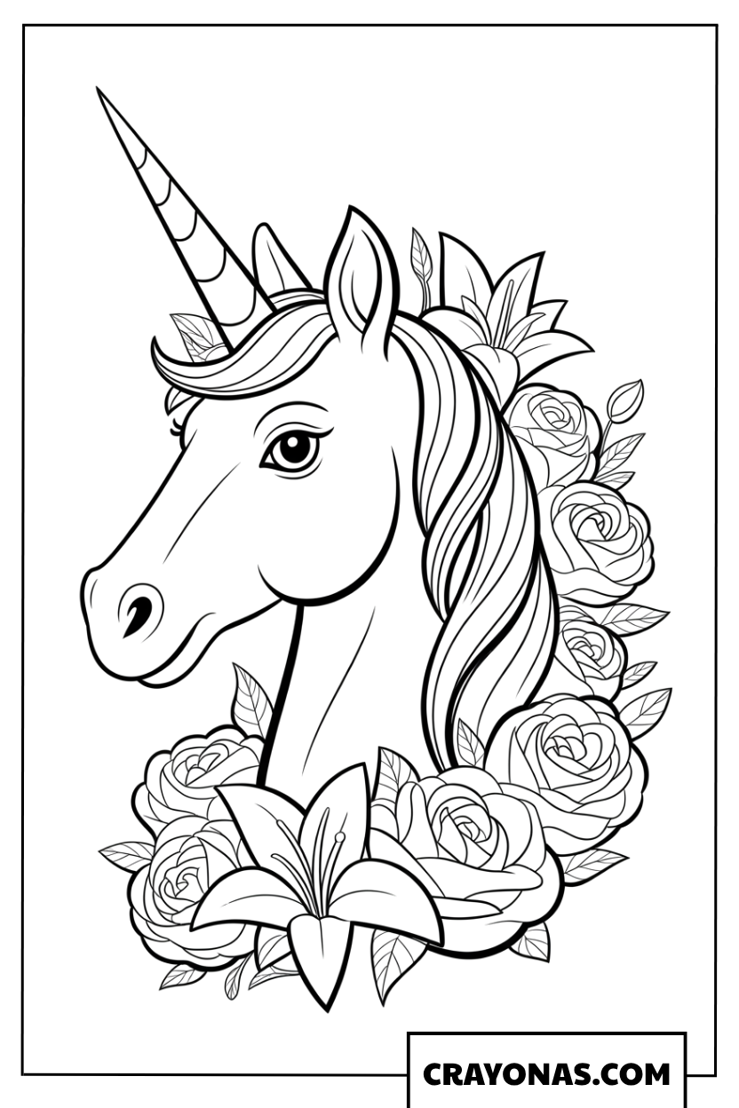 Floral Unicorn Portrait Coloring Page
