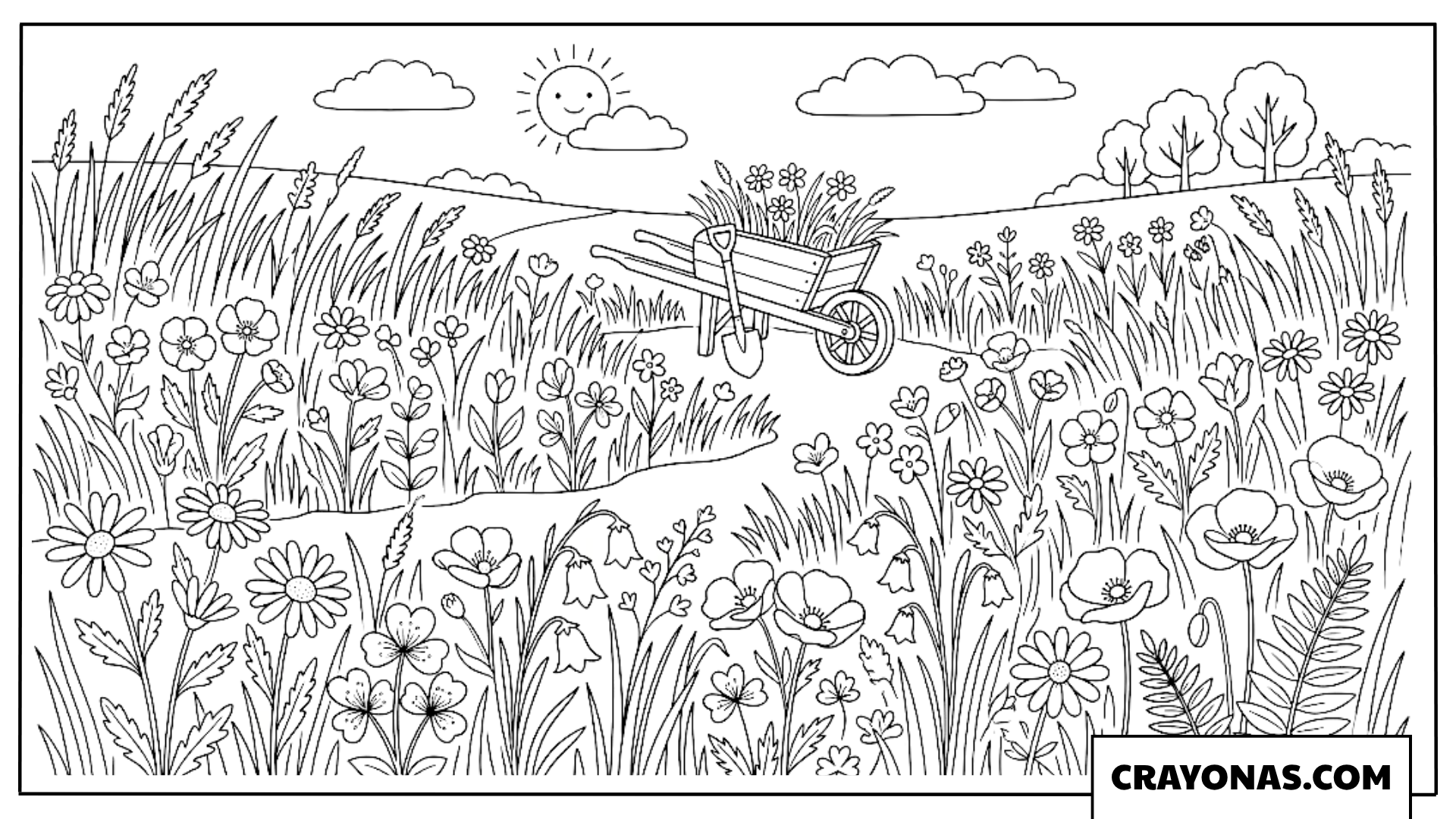 Flower Field Wheelbarrow Coloring Page