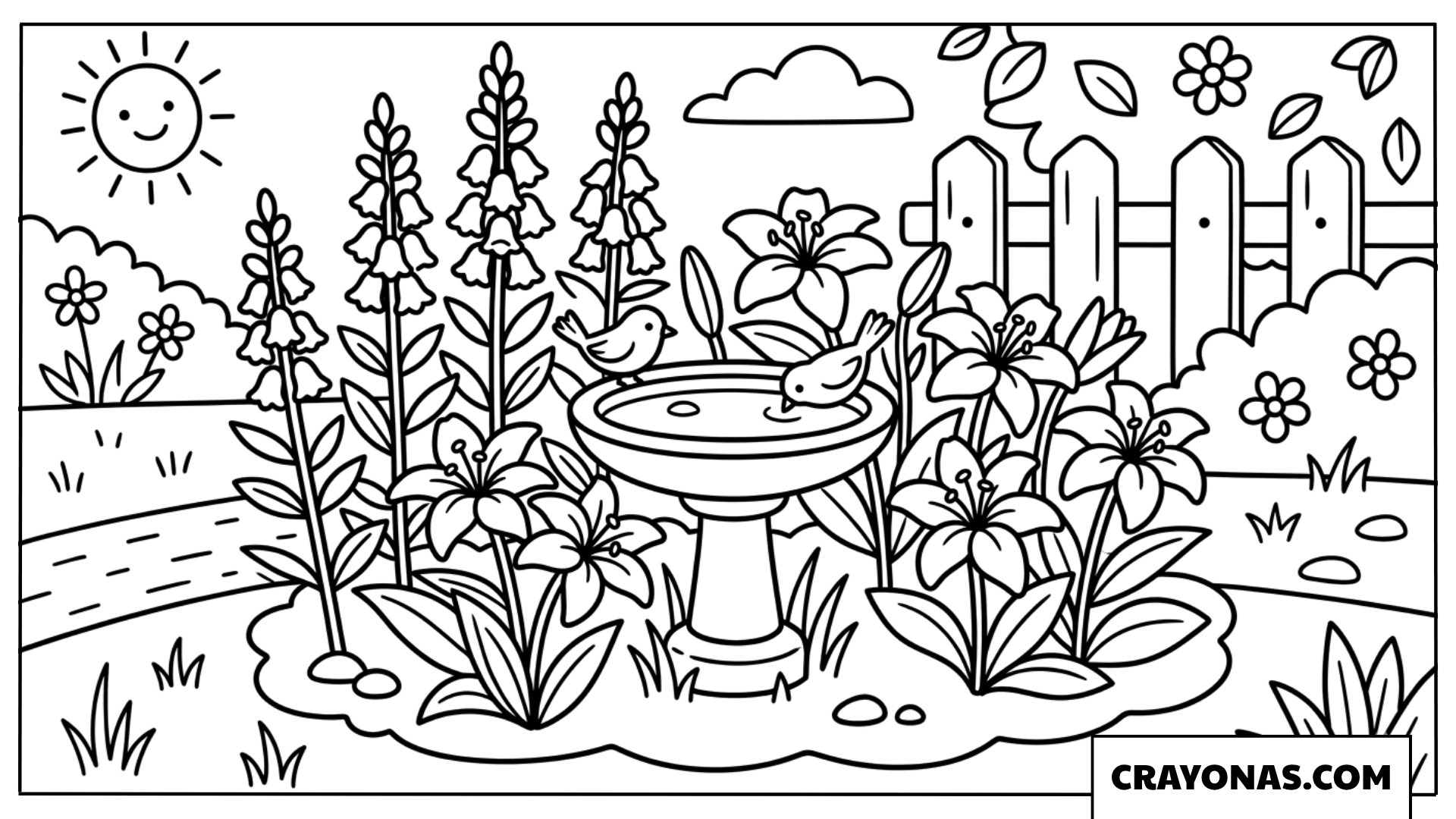 Flower Garden with Bird Bath Coloring Page