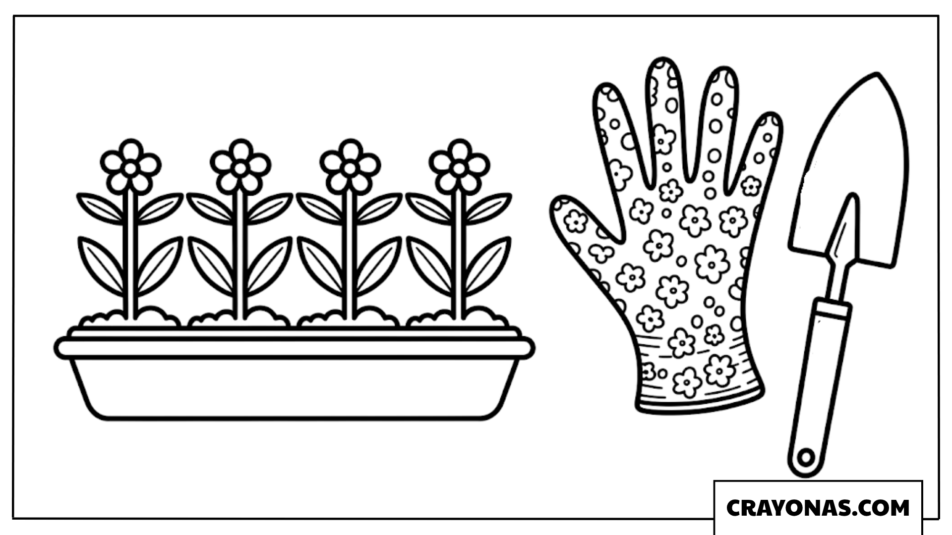 Flower Planter with Gloves and Trowel Coloring Page