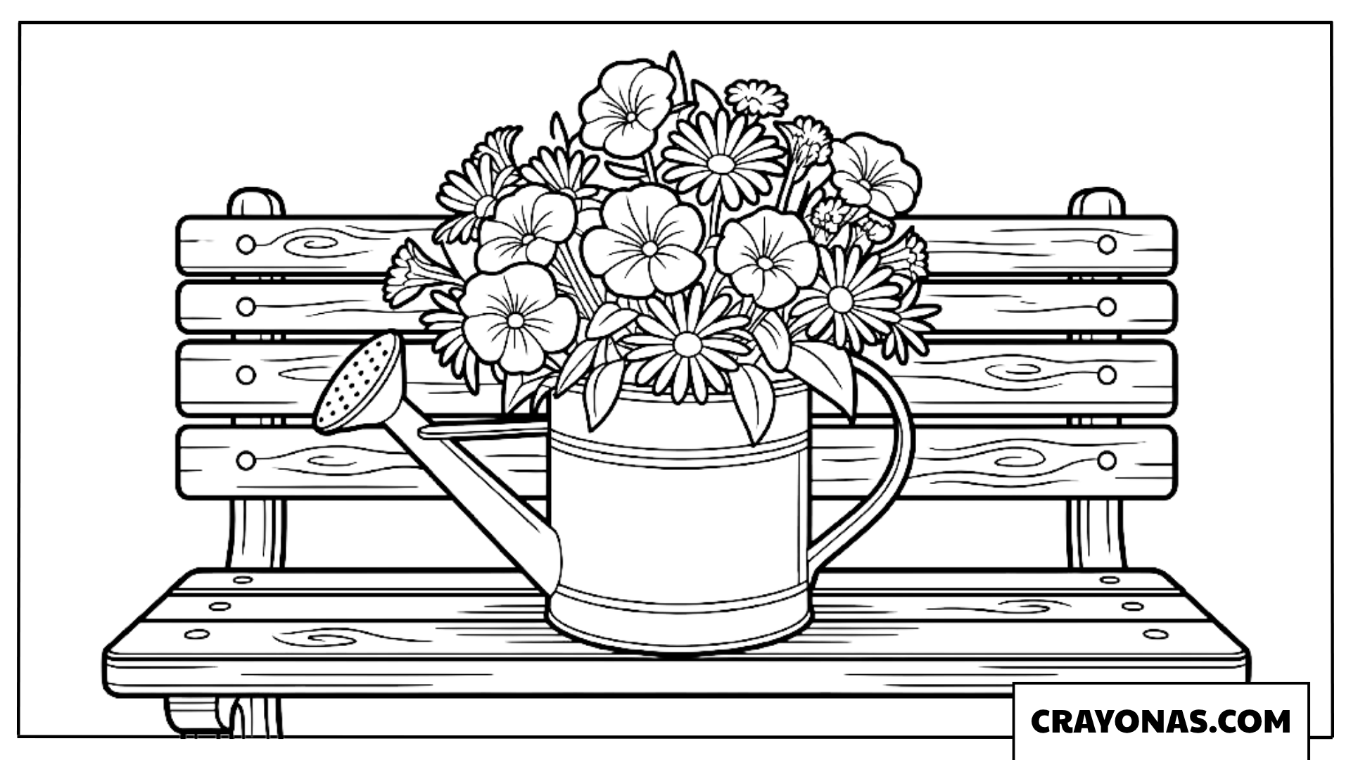 Flower Watering Can on Garden Bench Coloring Page