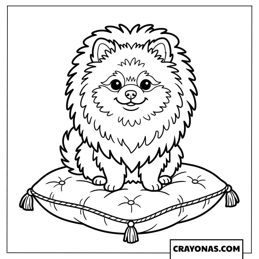Fluffy Pomeranian on Pillow Coloring Page