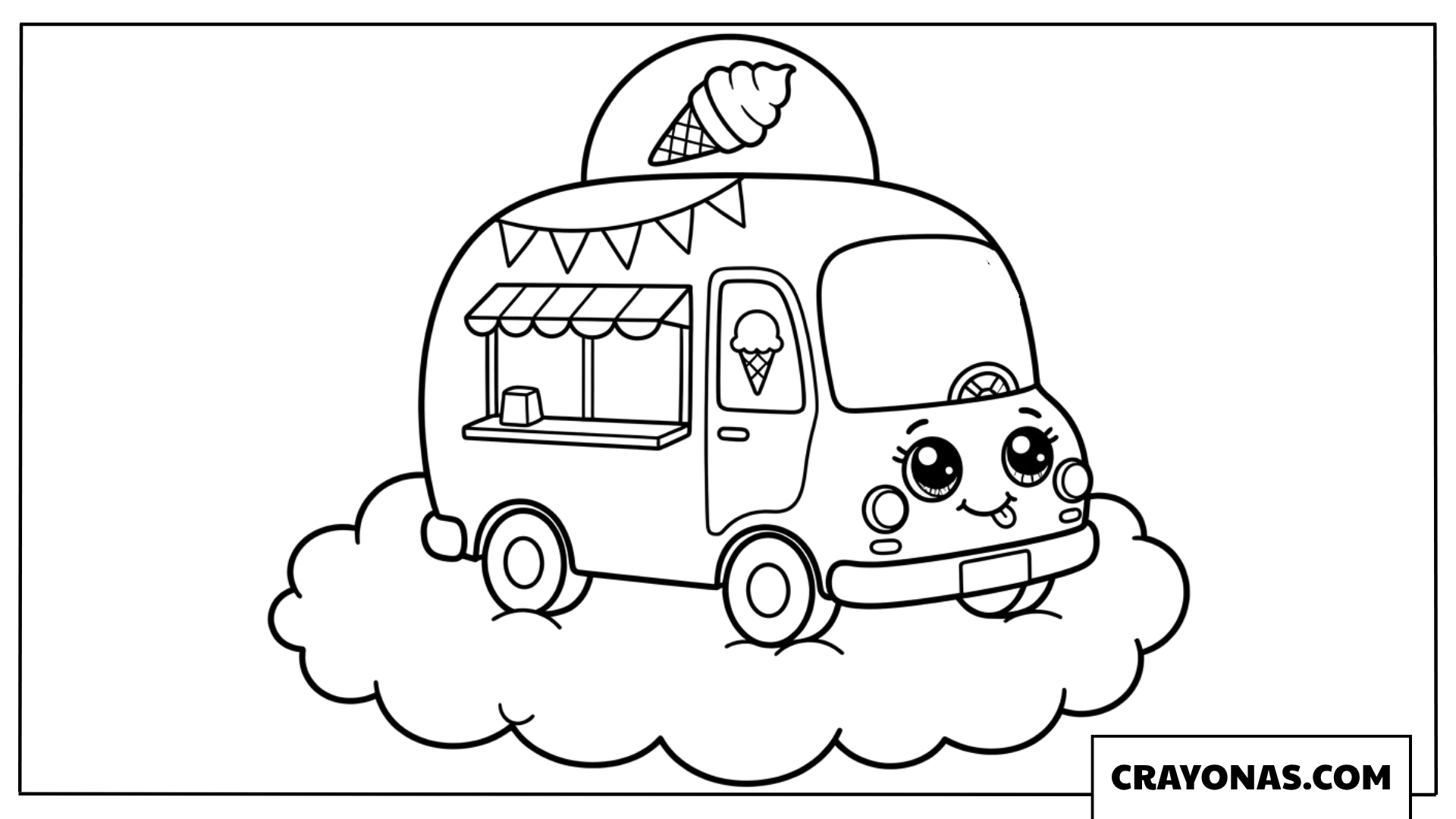 Flying Kawaii Ice Cream Truck on Clouds Coloring Page