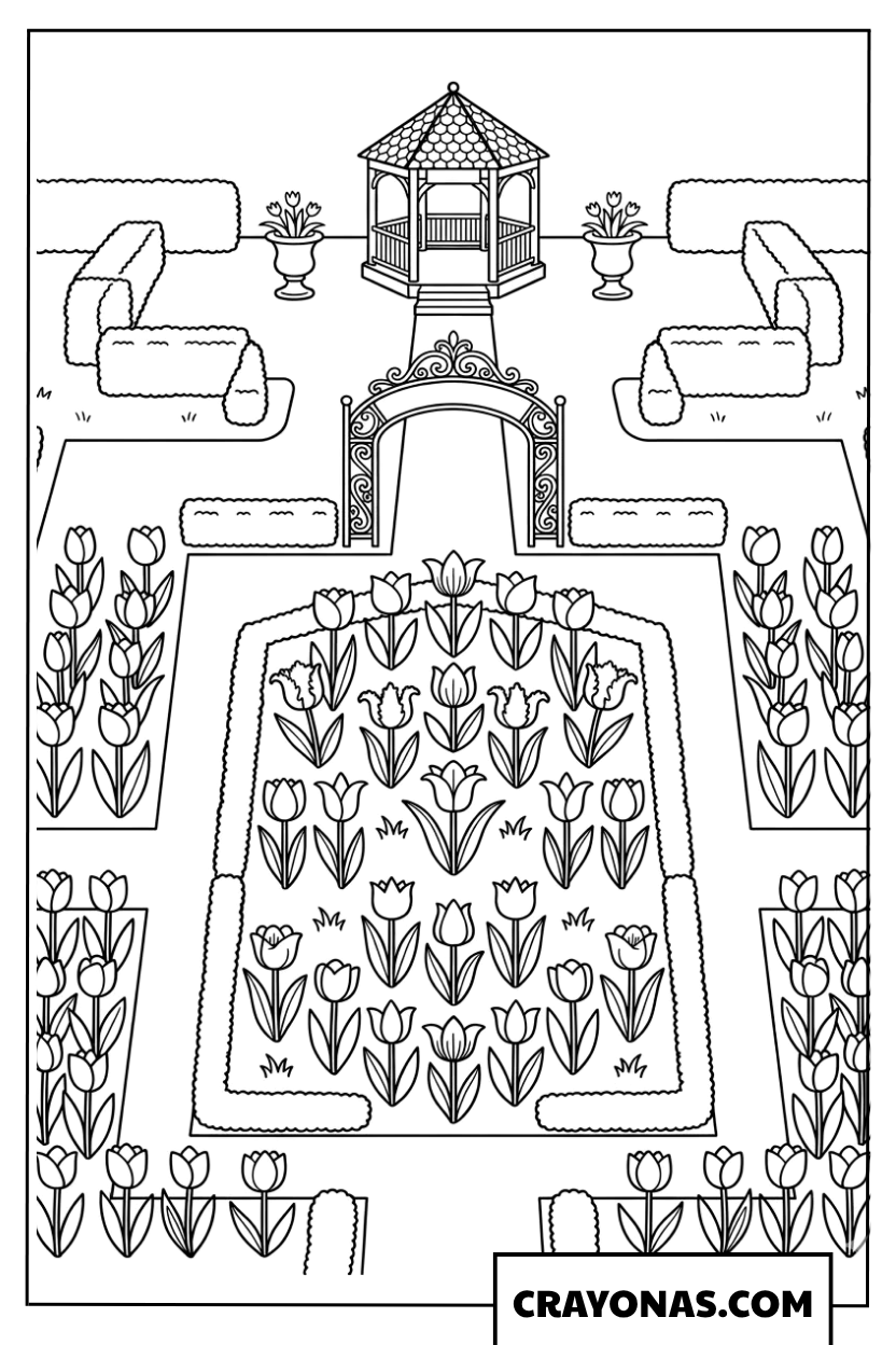 Formal Tulip Garden with Gazebo Coloring Page