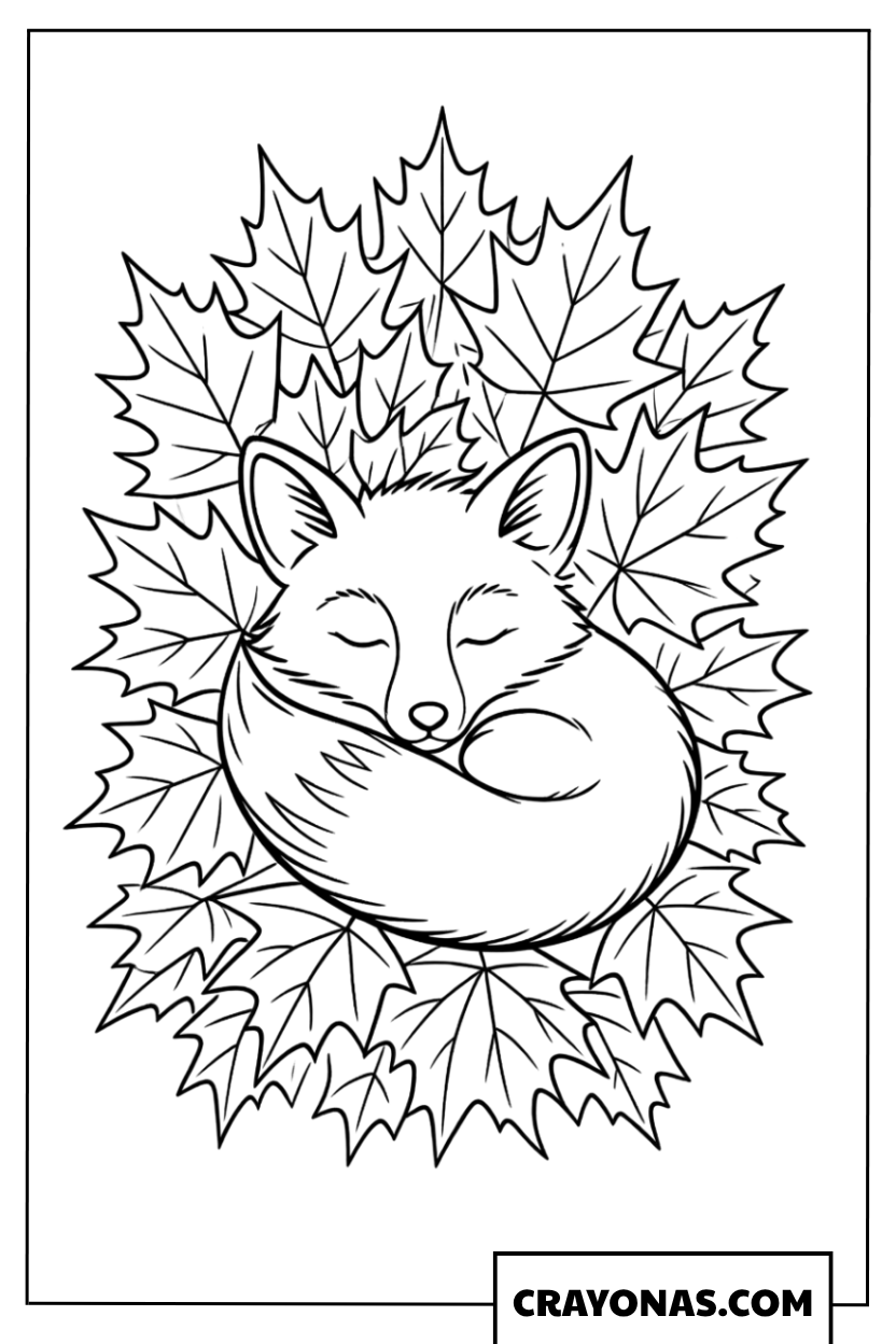 Fox Sleeping in Leaf Pile Fall Coloring Page