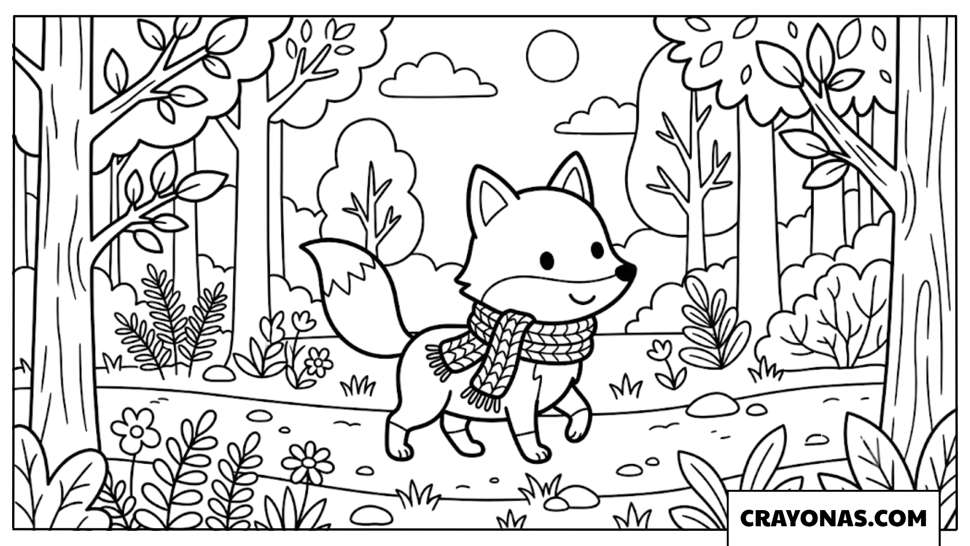 Fox with Scarf in Autumn Forest Coloring Page