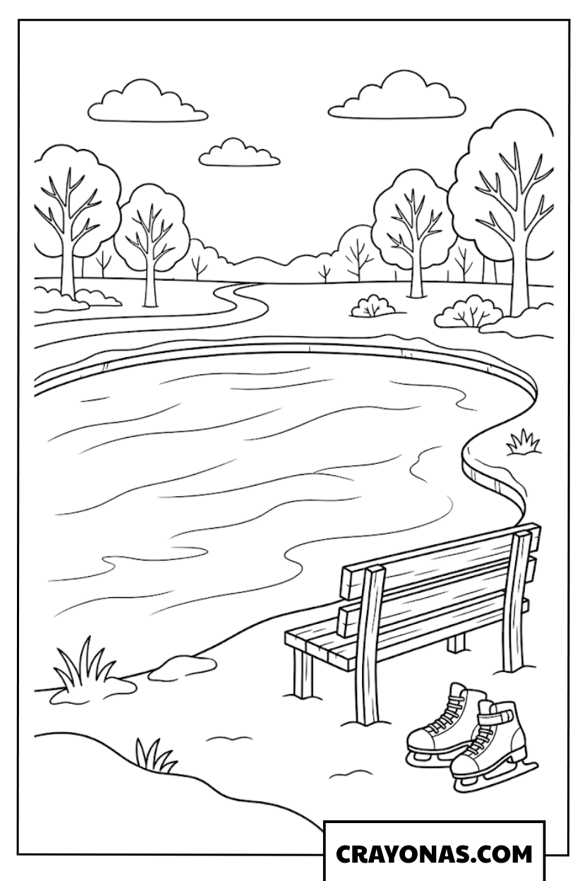 Frozen Pond with Ice Skates Coloring Page
