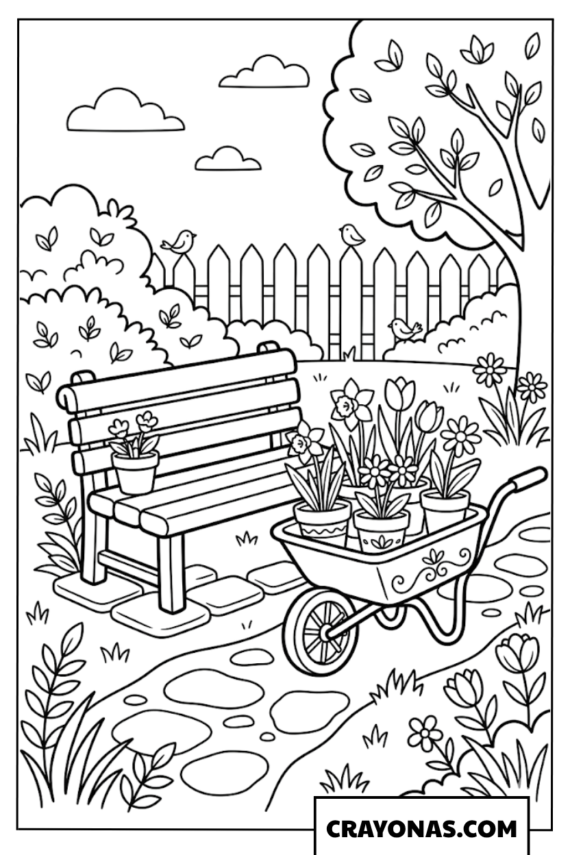 Garden Bench and Wheelbarrow Coloring Page