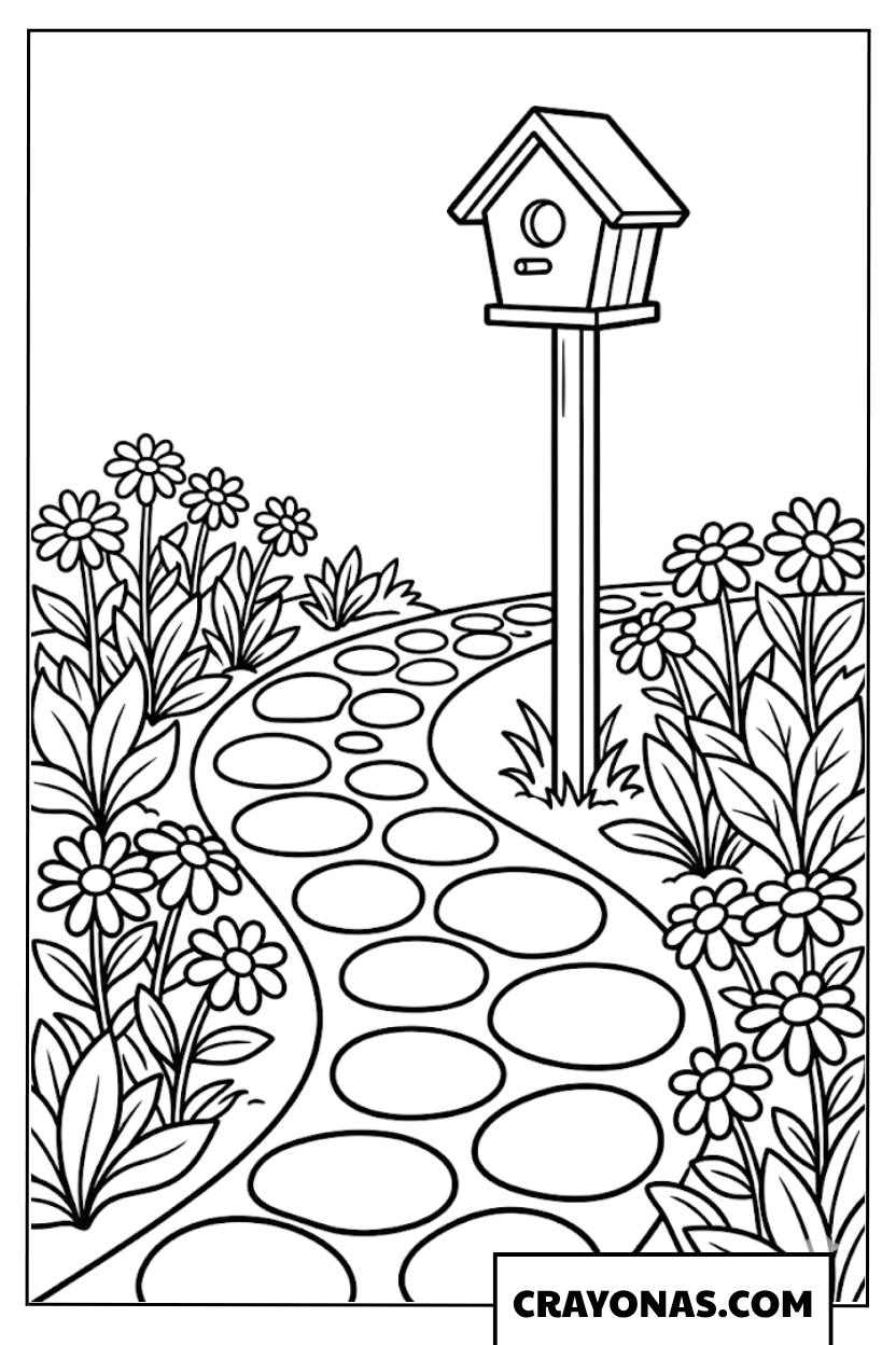 Garden Path with Birdhouse Coloring Page
