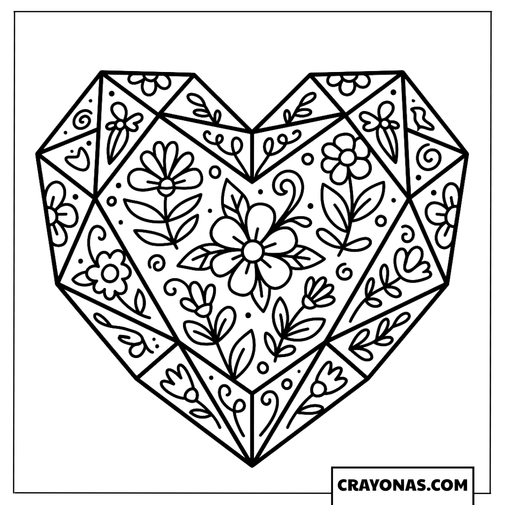 Geometric Heart with Flowers Coloring Page
