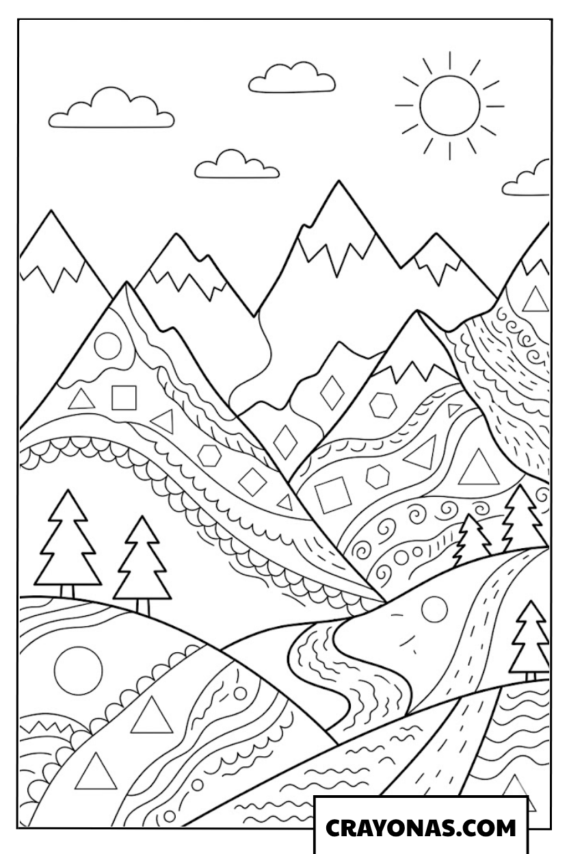 Geometric Winter Mountain Landscape Coloring Page