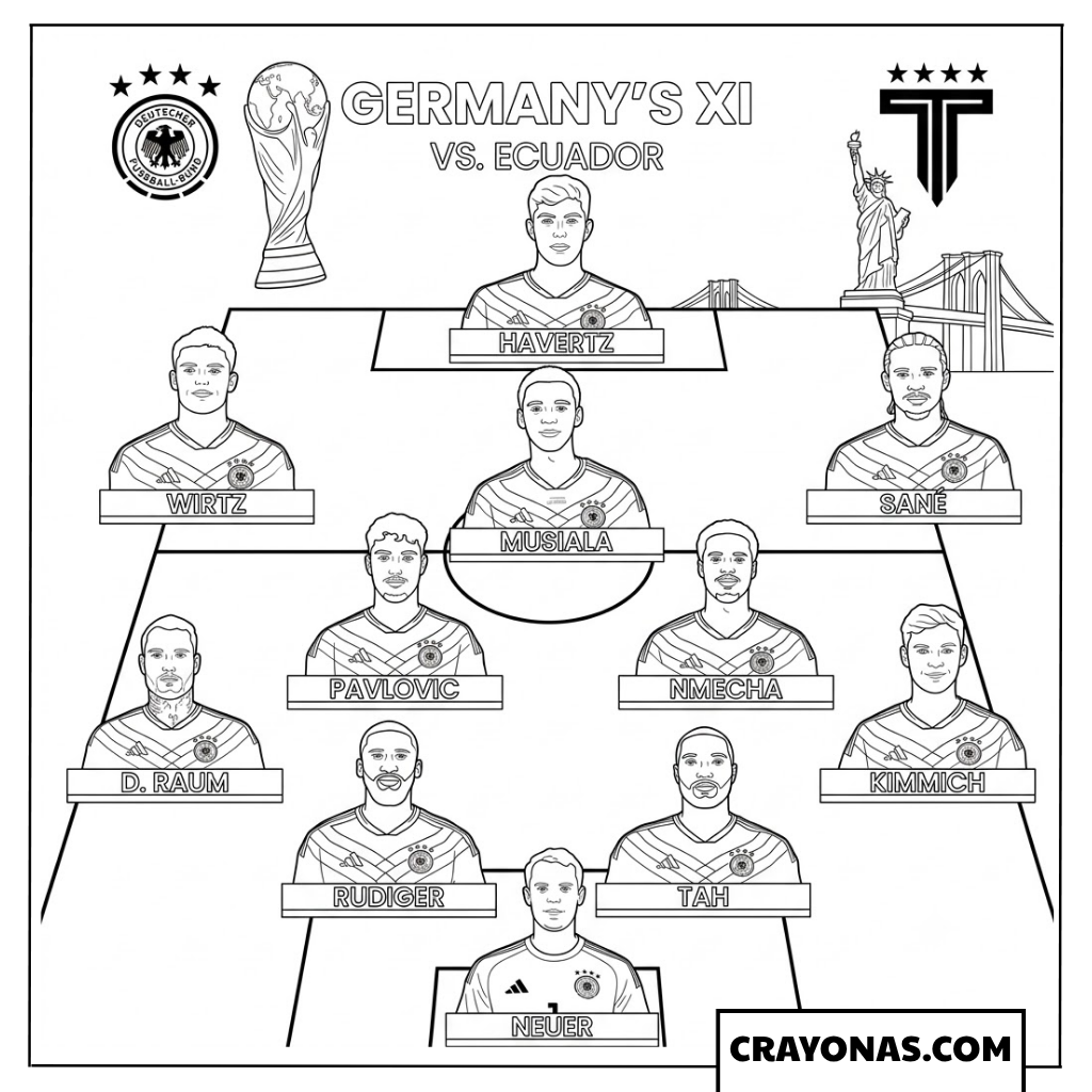 Germany Starting XI vs Ecuador World Cup 2026 Coloring Page