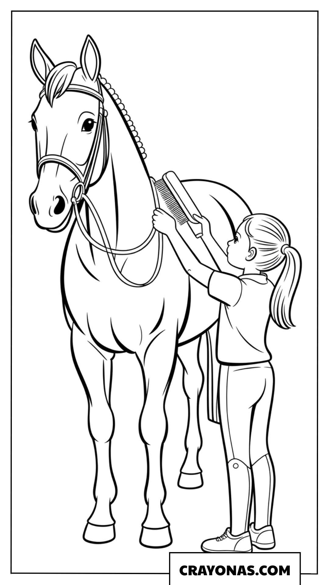 Girl Grooming Horse Coloring Page