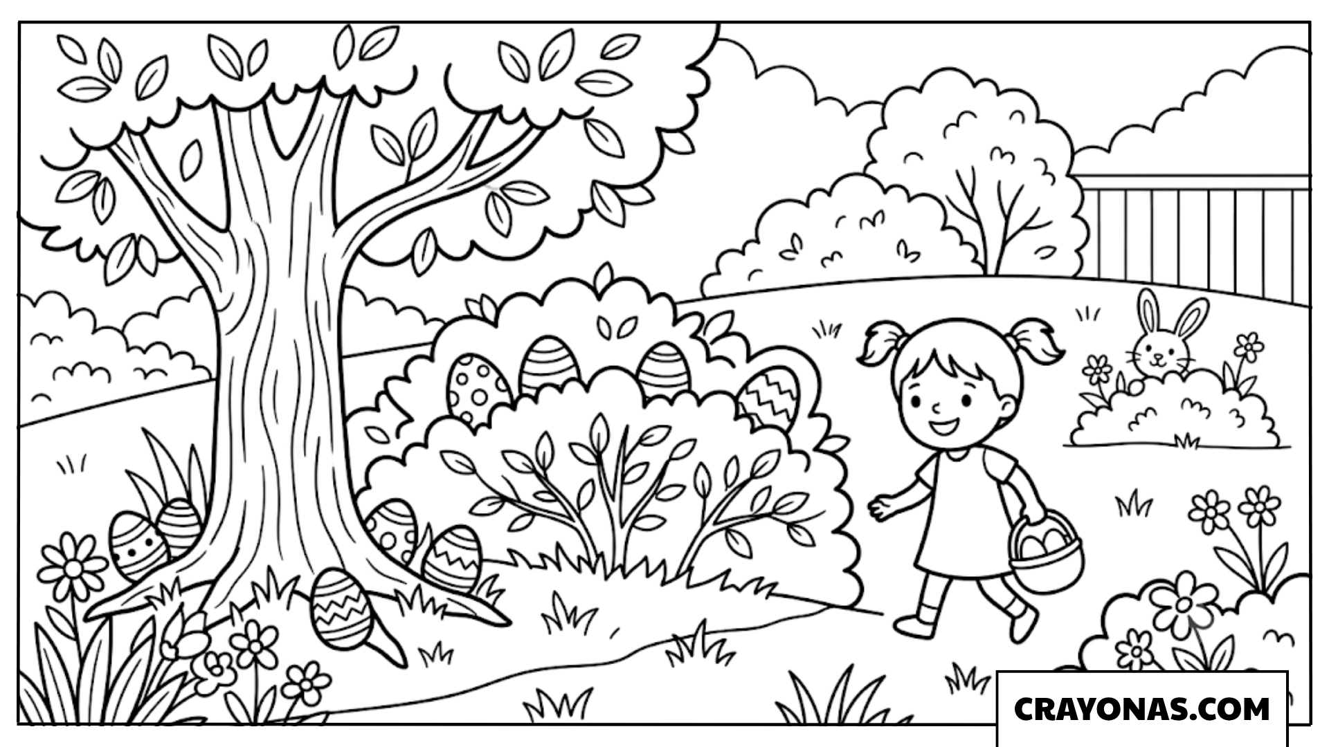 Girl with Easter Basket in Garden Coloring Page