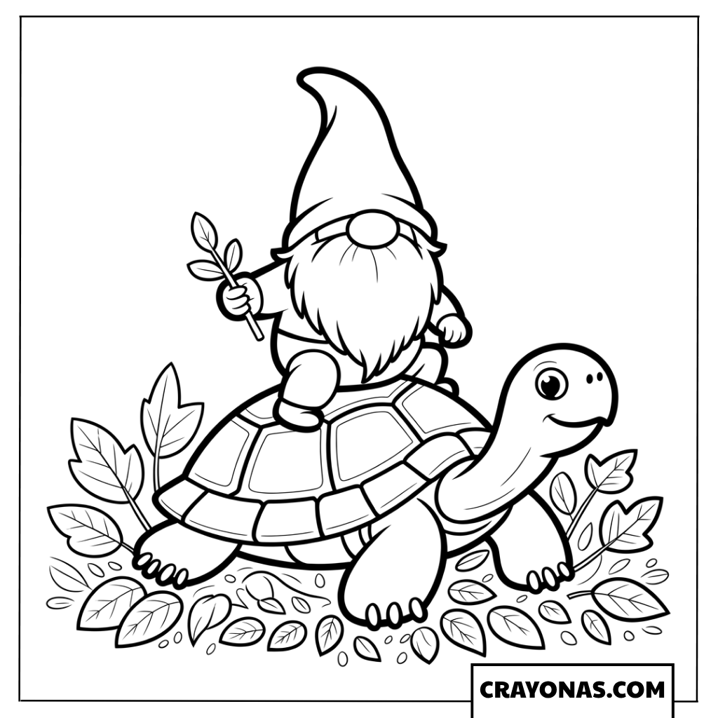 Gnome Riding Turtle Fall Coloring Page