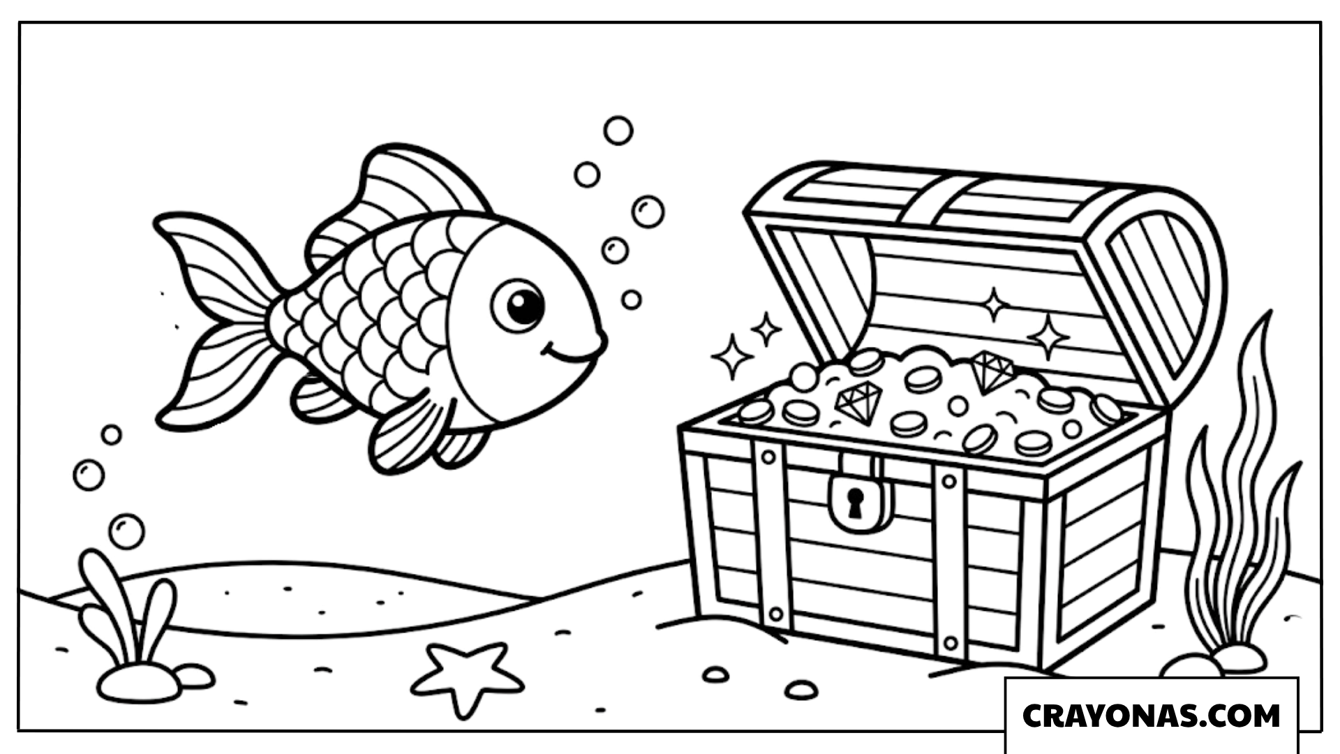 Goldfish with Treasure Chest Coloring Page