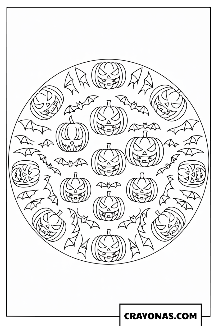 Gothic Pumpkin Mandala with Bats Coloring Page