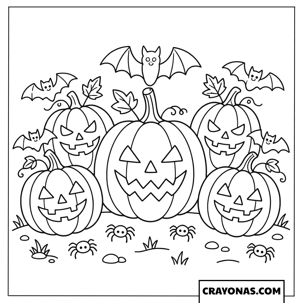 Group of Pumpkins with Bats and Spiders Coloring Page