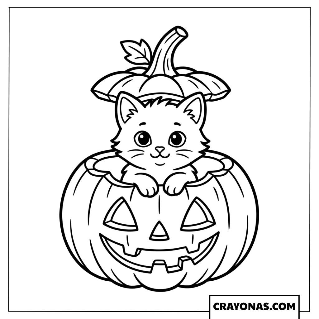 Halloween Kitten in Pumpkin Coloring Page