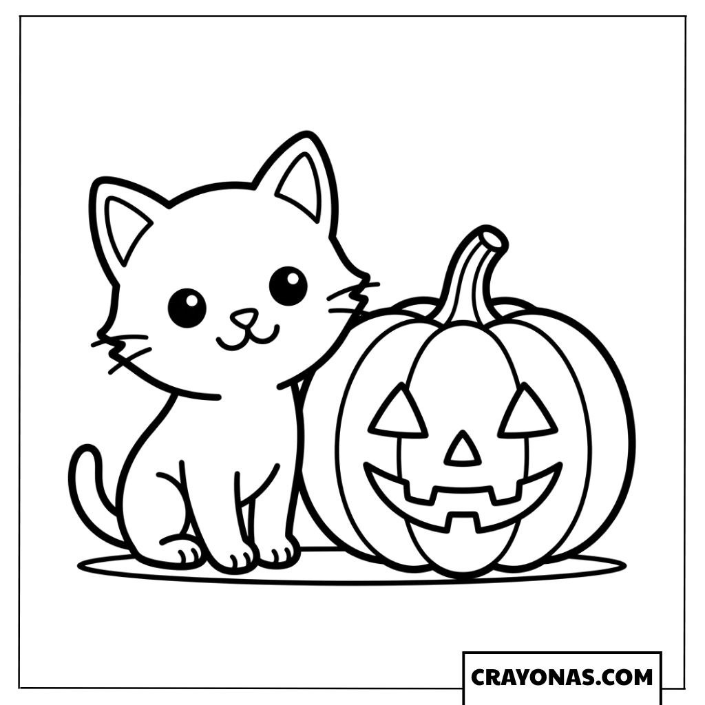 Halloween Kitten with Pumpkin Coloring Page