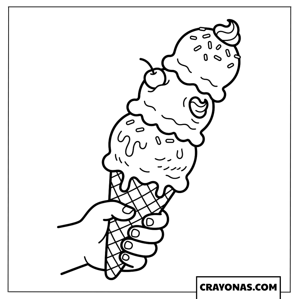Hand Holding Triple Scoop Ice Cream Cone Coloring Page