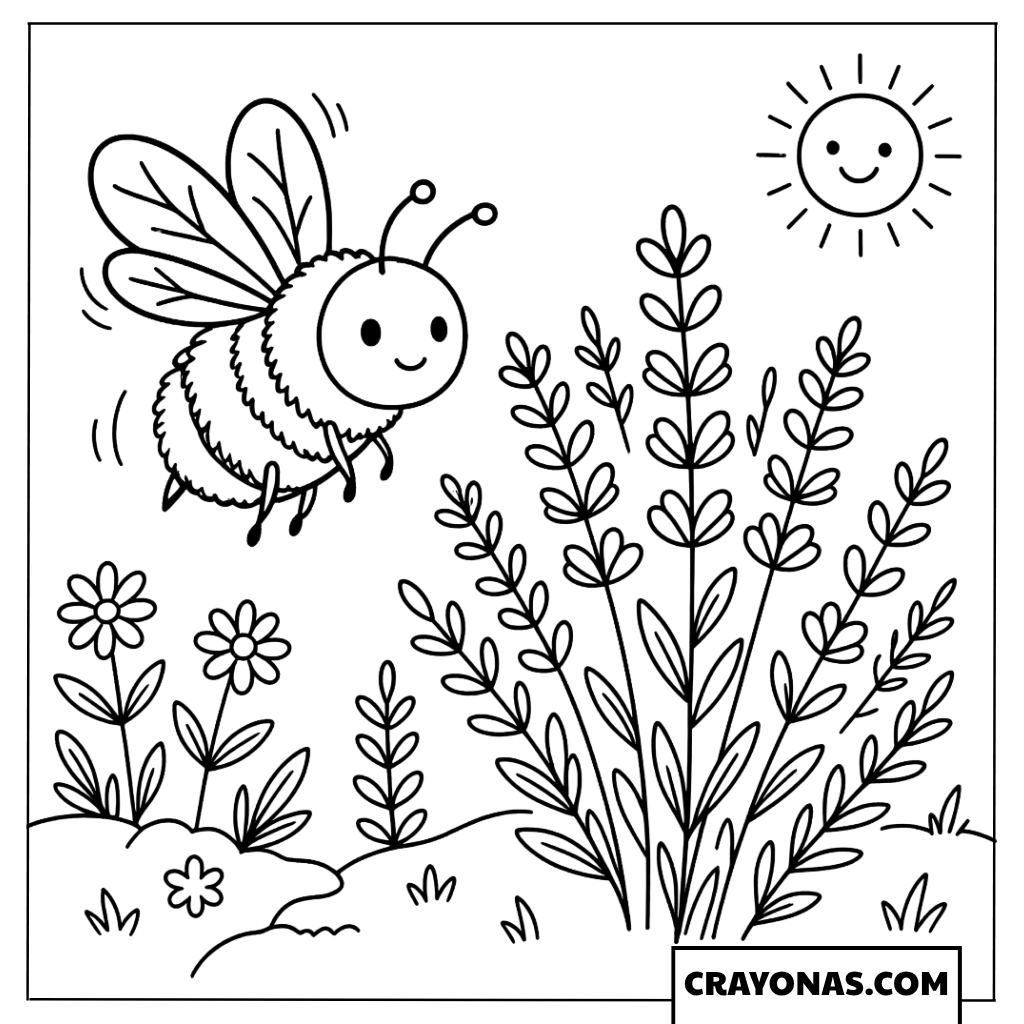 Happy Bee and Flowers Coloring Page