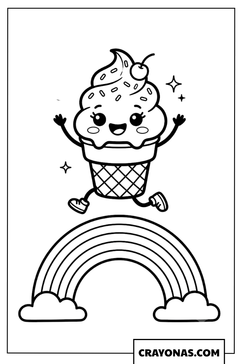 Happy Kawaii Ice Cream Cone Jumping with Rainbow Coloring Page