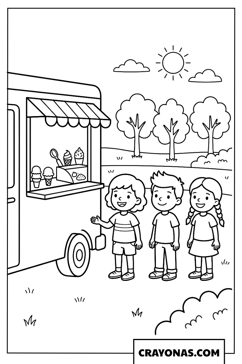 Happy Kids Buying Ice Cream from Truck Coloring Page