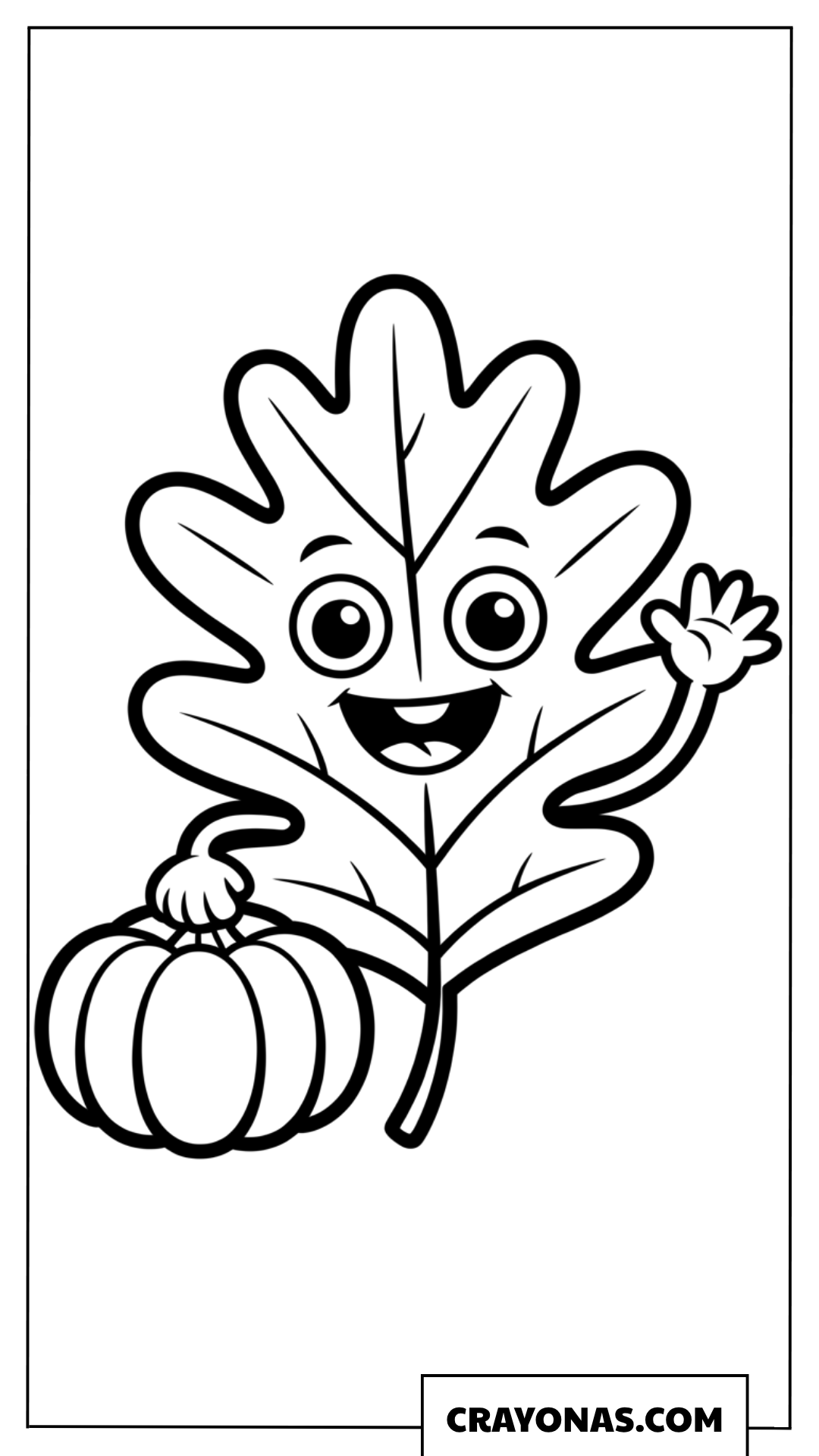 Happy Oak Leaf with Pumpkin Fall Coloring Page