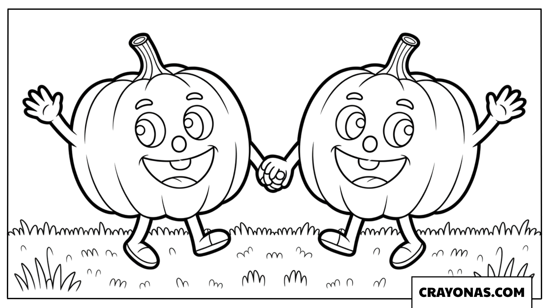 Happy Pumpkin Friends Holding Hands Coloring Page