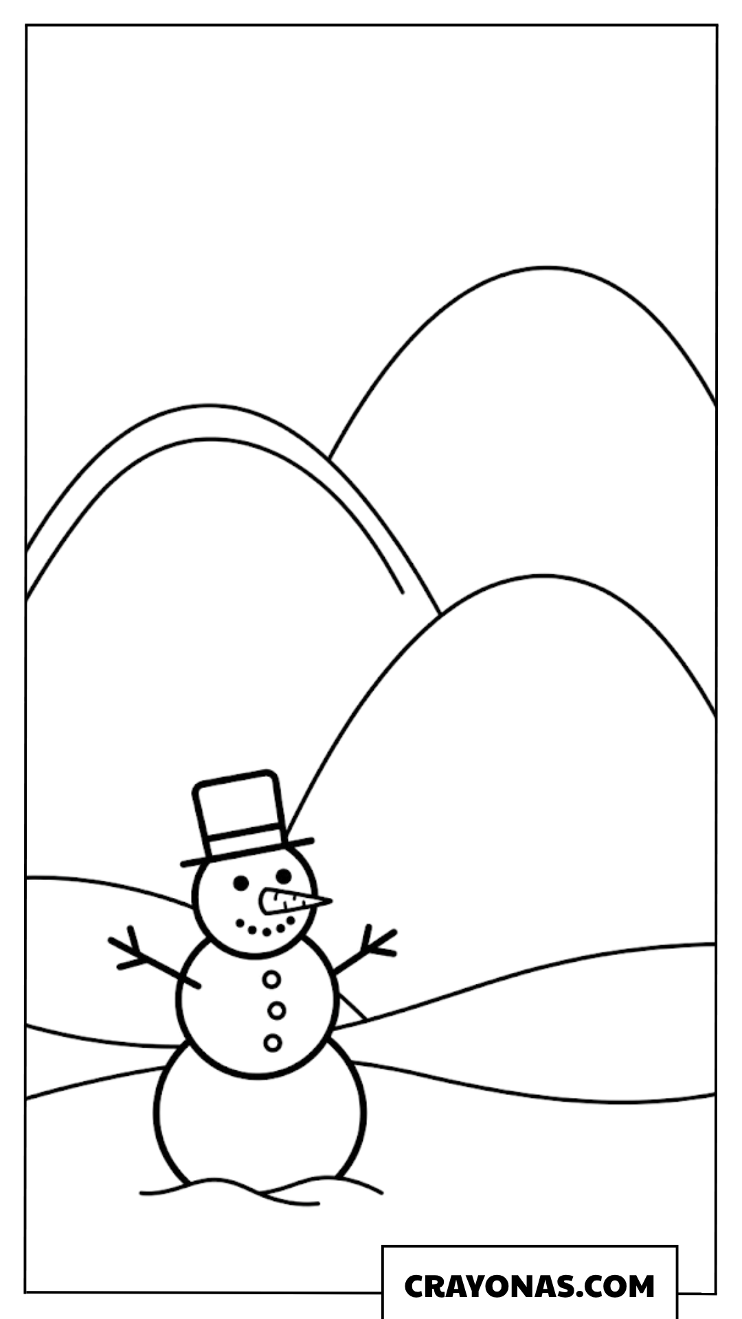 Happy Snowman in Snowy Hills Coloring Page