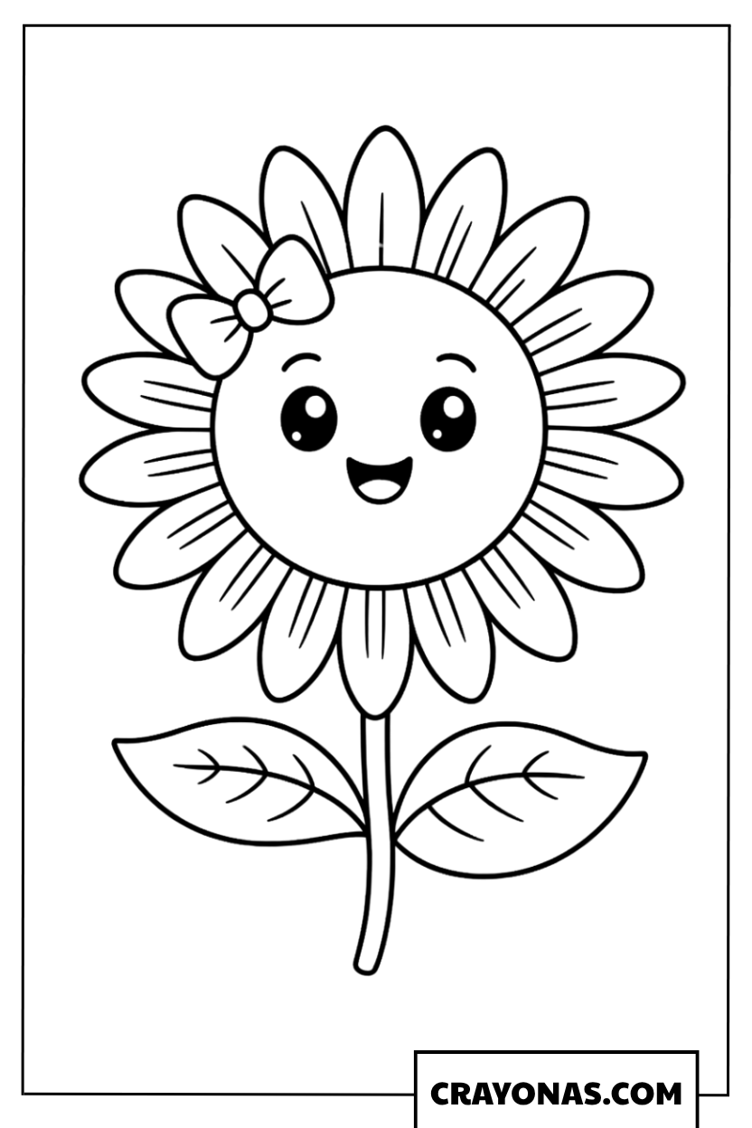 Happy Sunflower with Bow Coloring Page