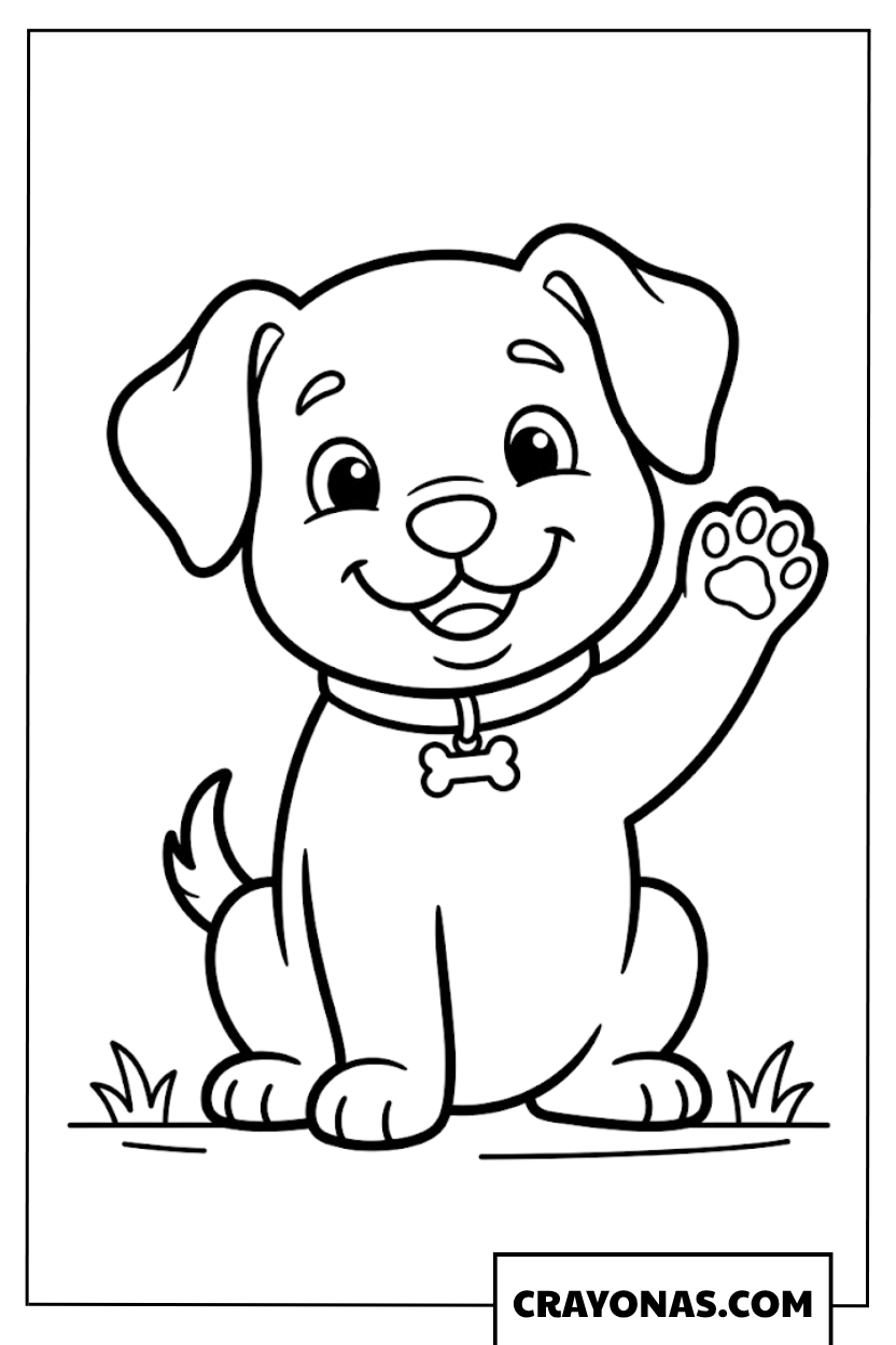 Happy Waving Puppy Coloring Page