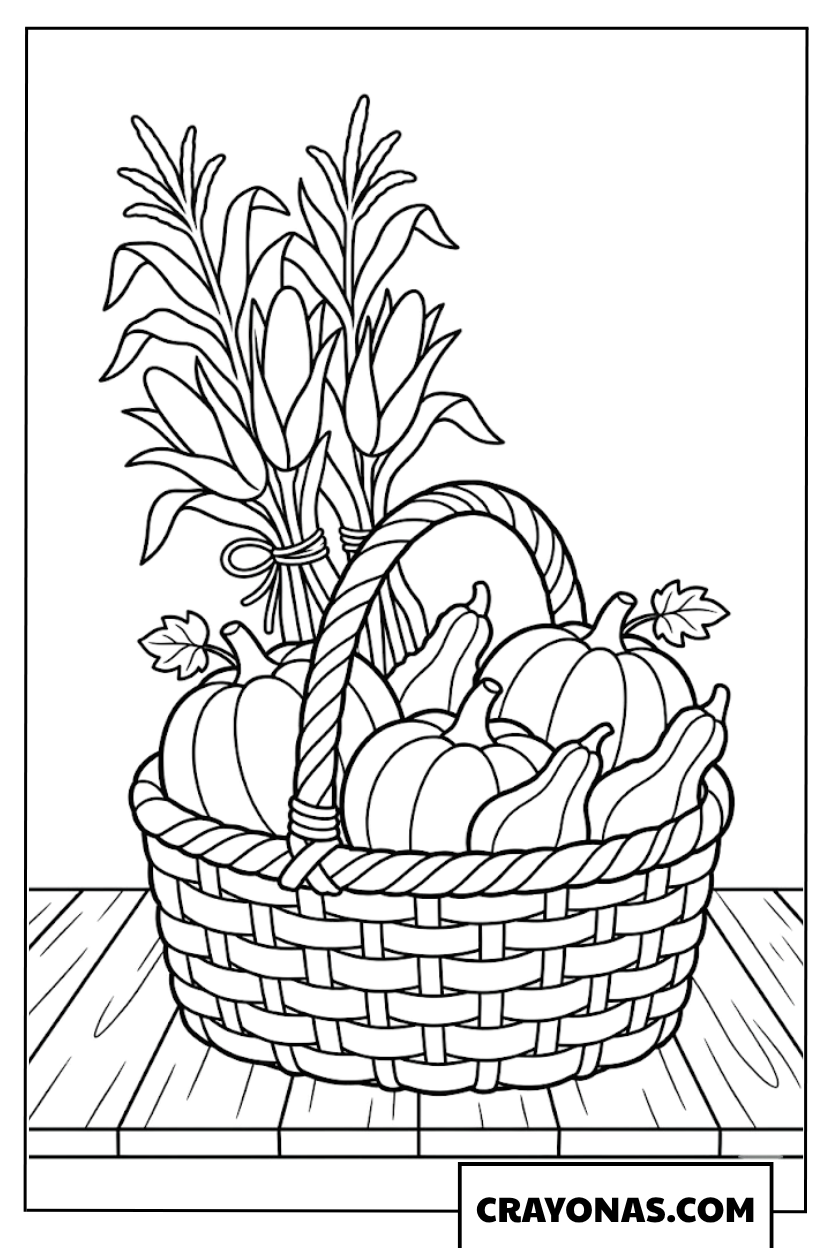 Harvest Basket with Pumpkins and Corn Coloring Page
